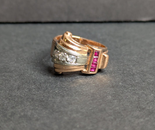 14k Rose Gold Ruby and Diamond Tank Ring