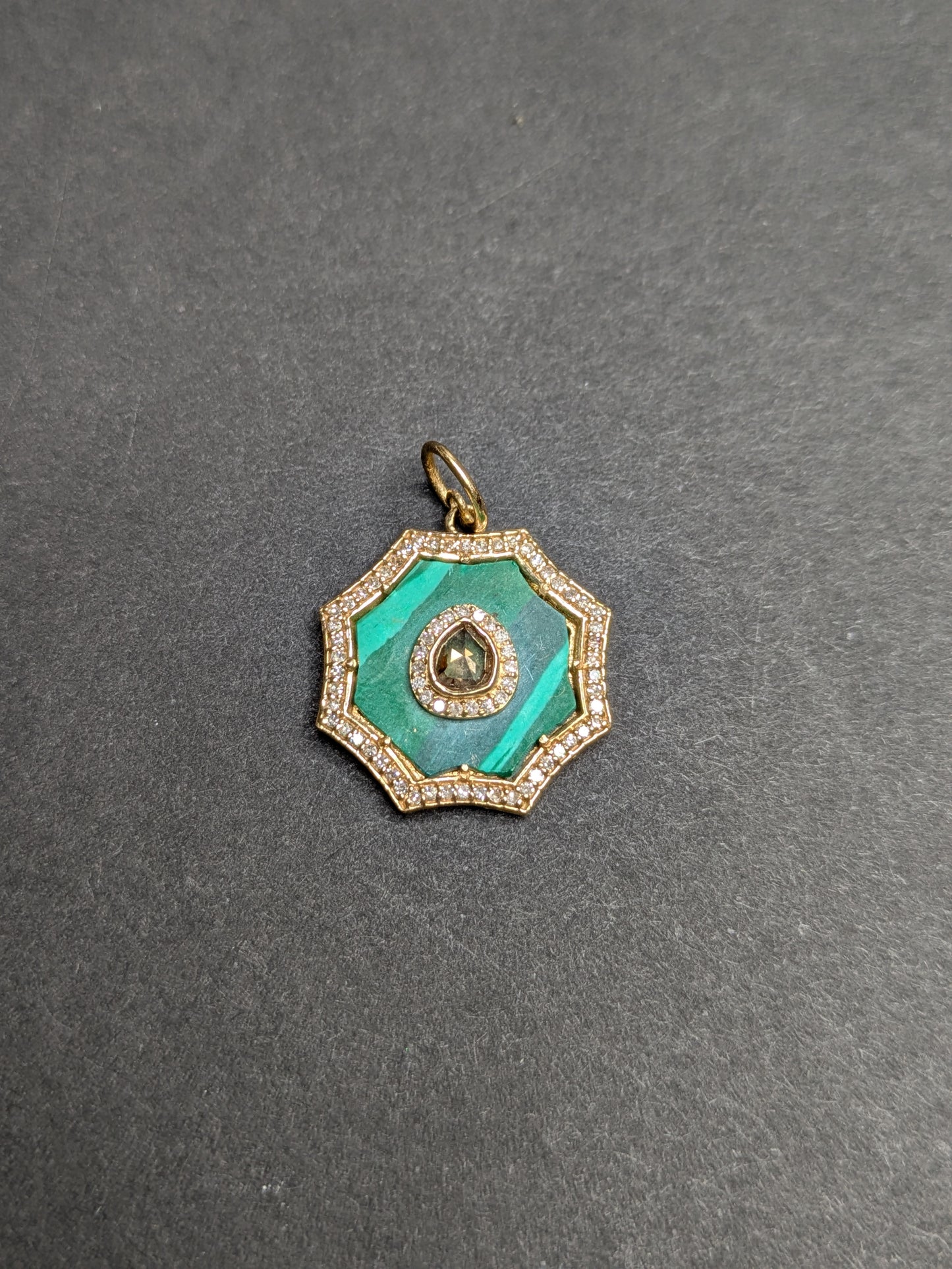 14Kt Malachite Pendant with Diamond Halo and Rose Cut Diamond Center
