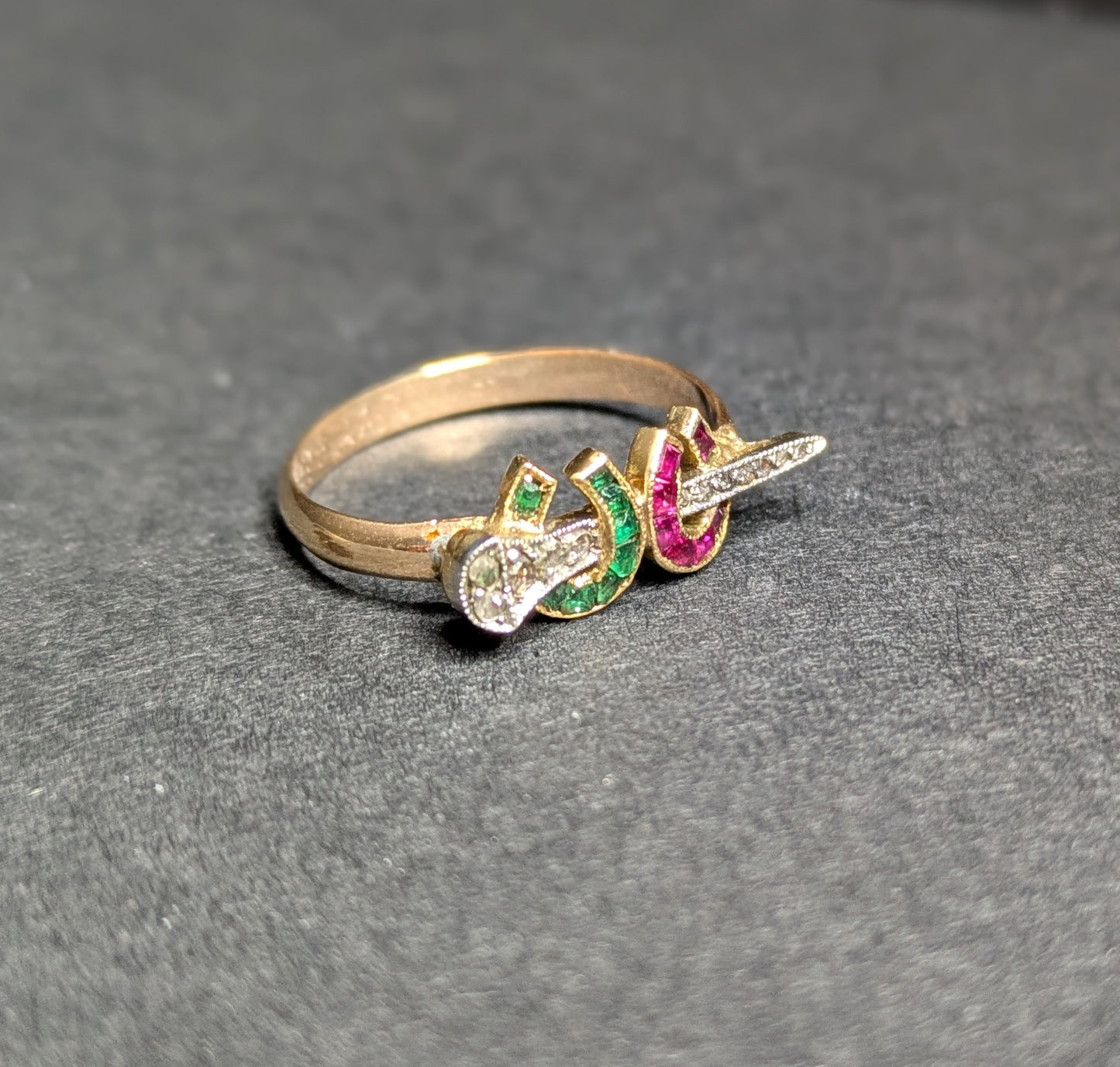 18k and Platinum Ruby and Emerald Horseshoe with Diamond Nail- Conversion to 14k Ring