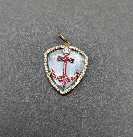 14k Rock Crystal, Ruby, and Diamond Anchor Pendant