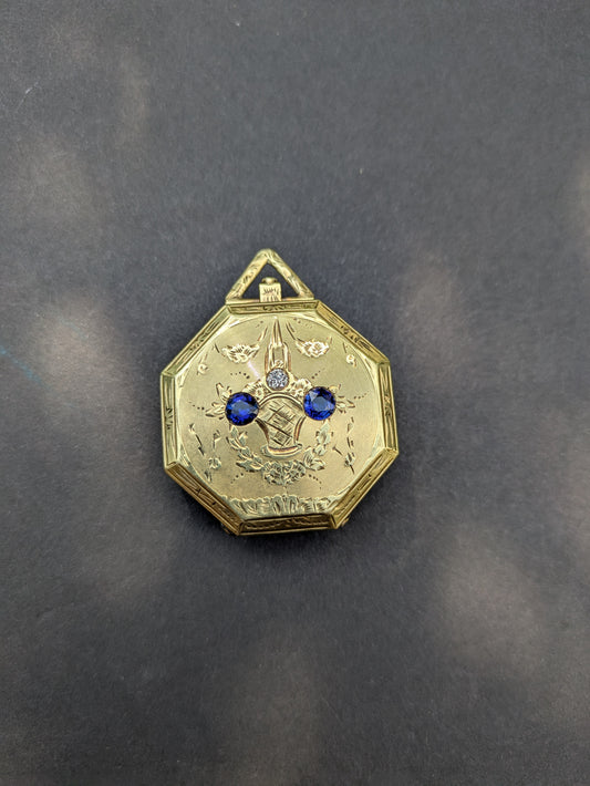 Edwardian 14kt Compact Sapphire and Diamond Hand Engraved