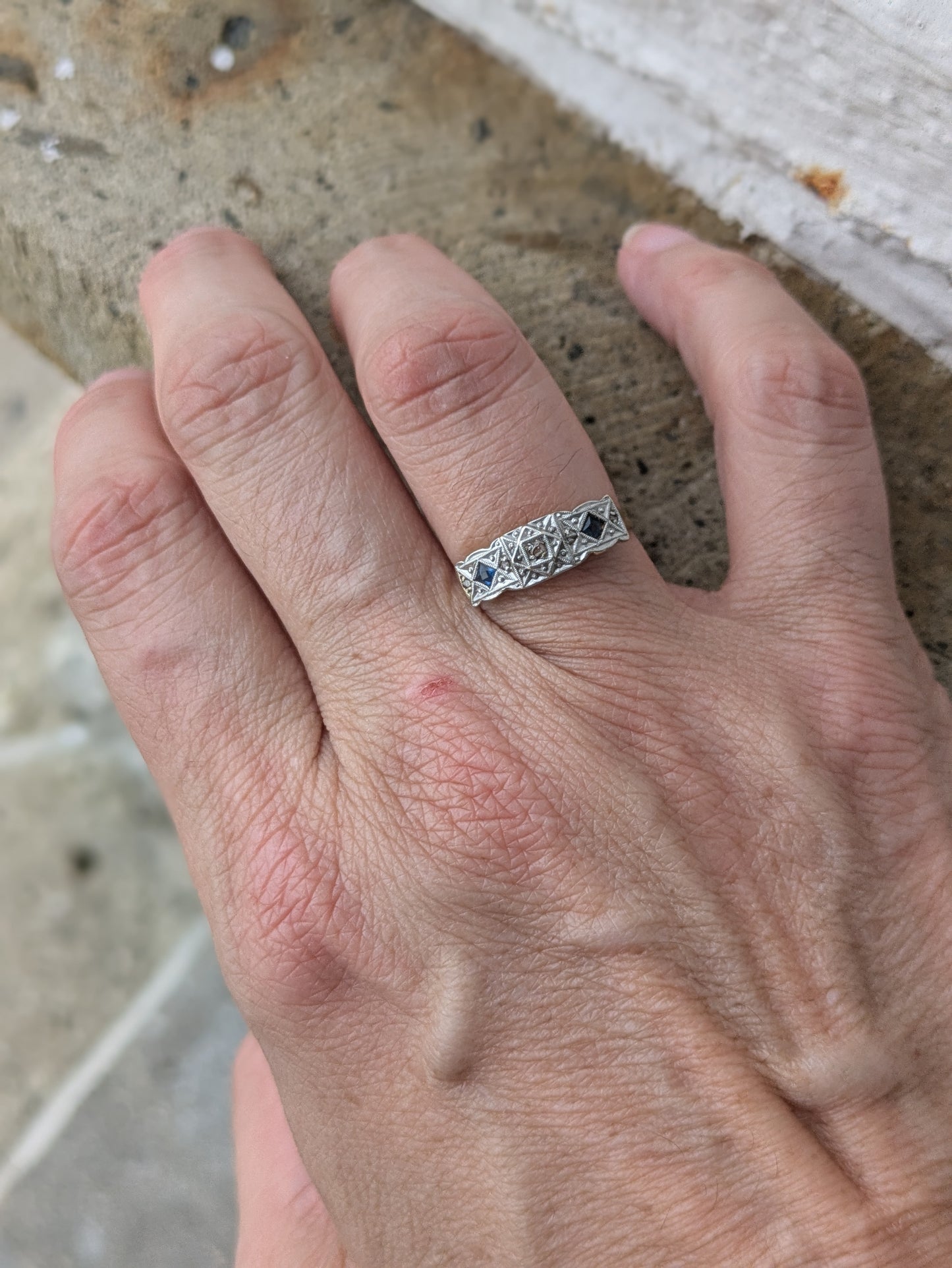 Edwardian 18kt and Platinium Mine Cut and Sapphire Ring