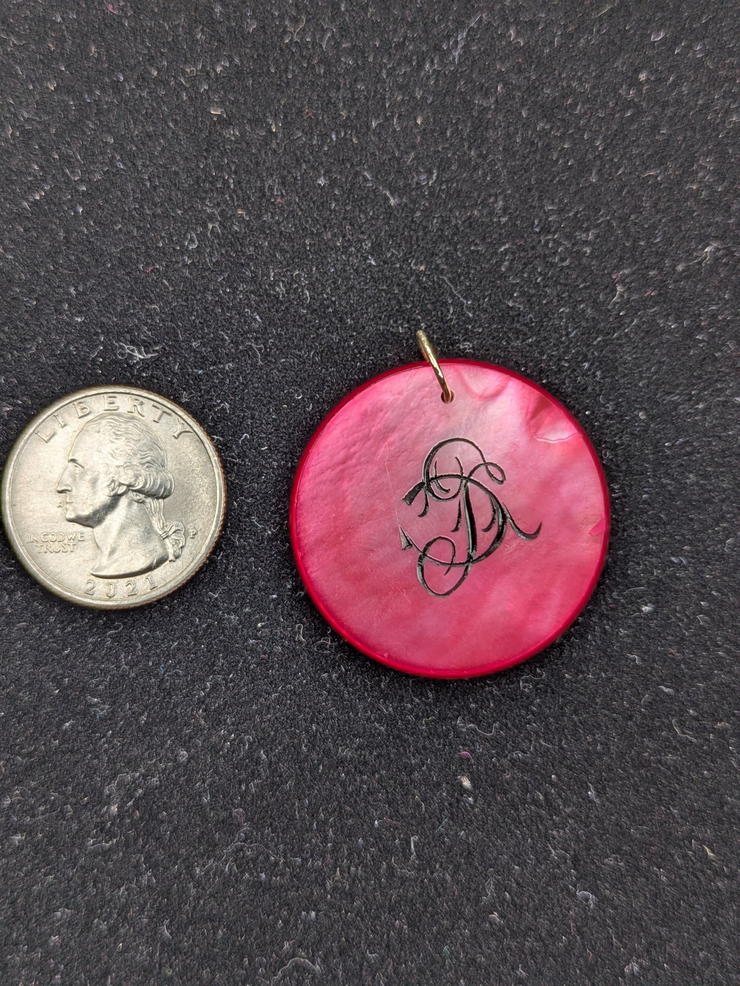 Round Red/Pink Mother of Pearl Poker Chip with Black Engraving "5"