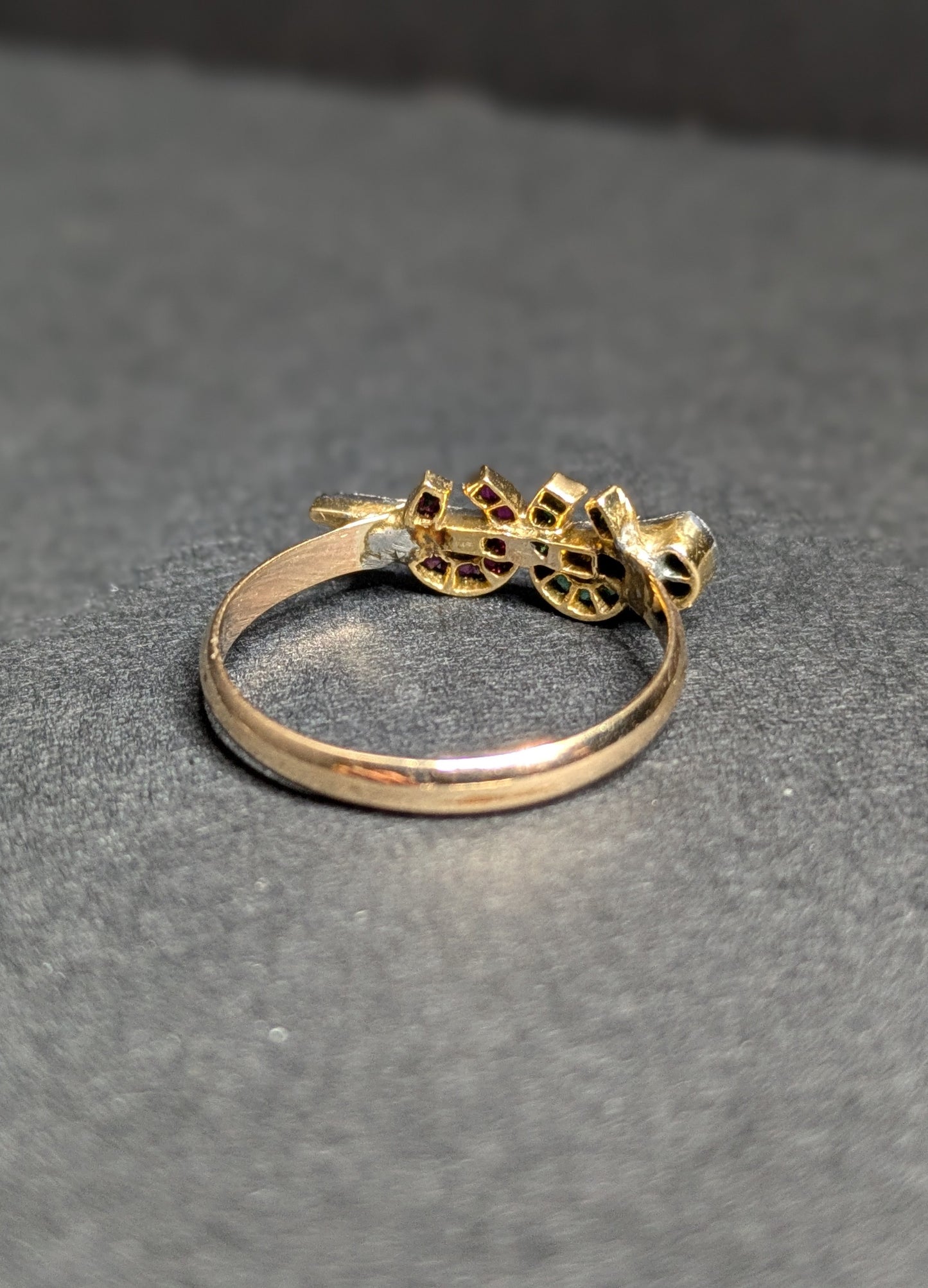 18k and Platinum Ruby and Emerald Horseshoe with Diamond Nail- Conversion to 14k Ring