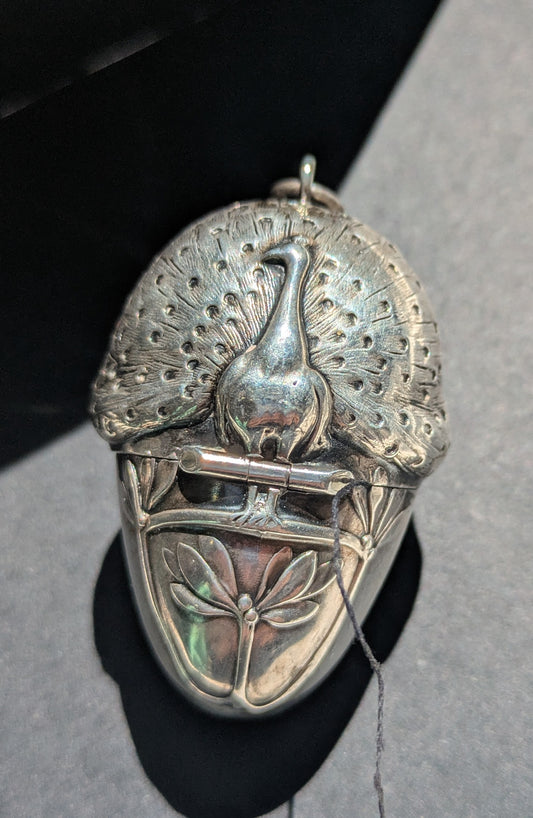 French Silver Art Nouveau Peacock Sewing Pendant