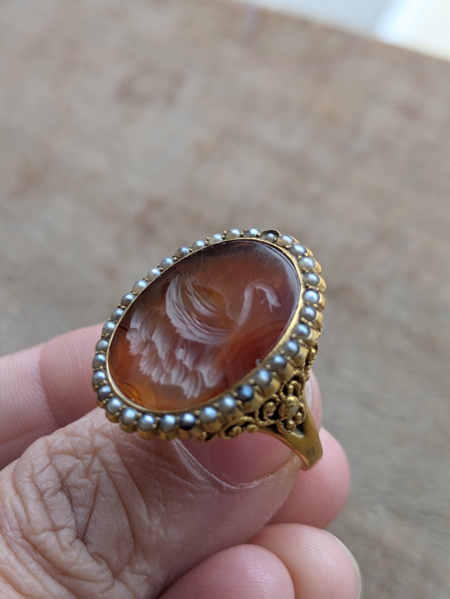 18k 1800's Swan Intaglio Ring with Seed Pearl Halo