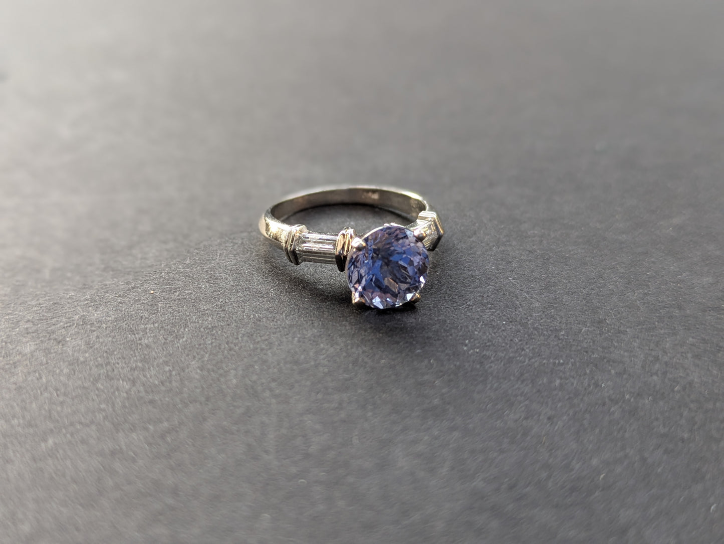 Platinum and Lavender Sapphire Ring with Side Diamond Baguettes