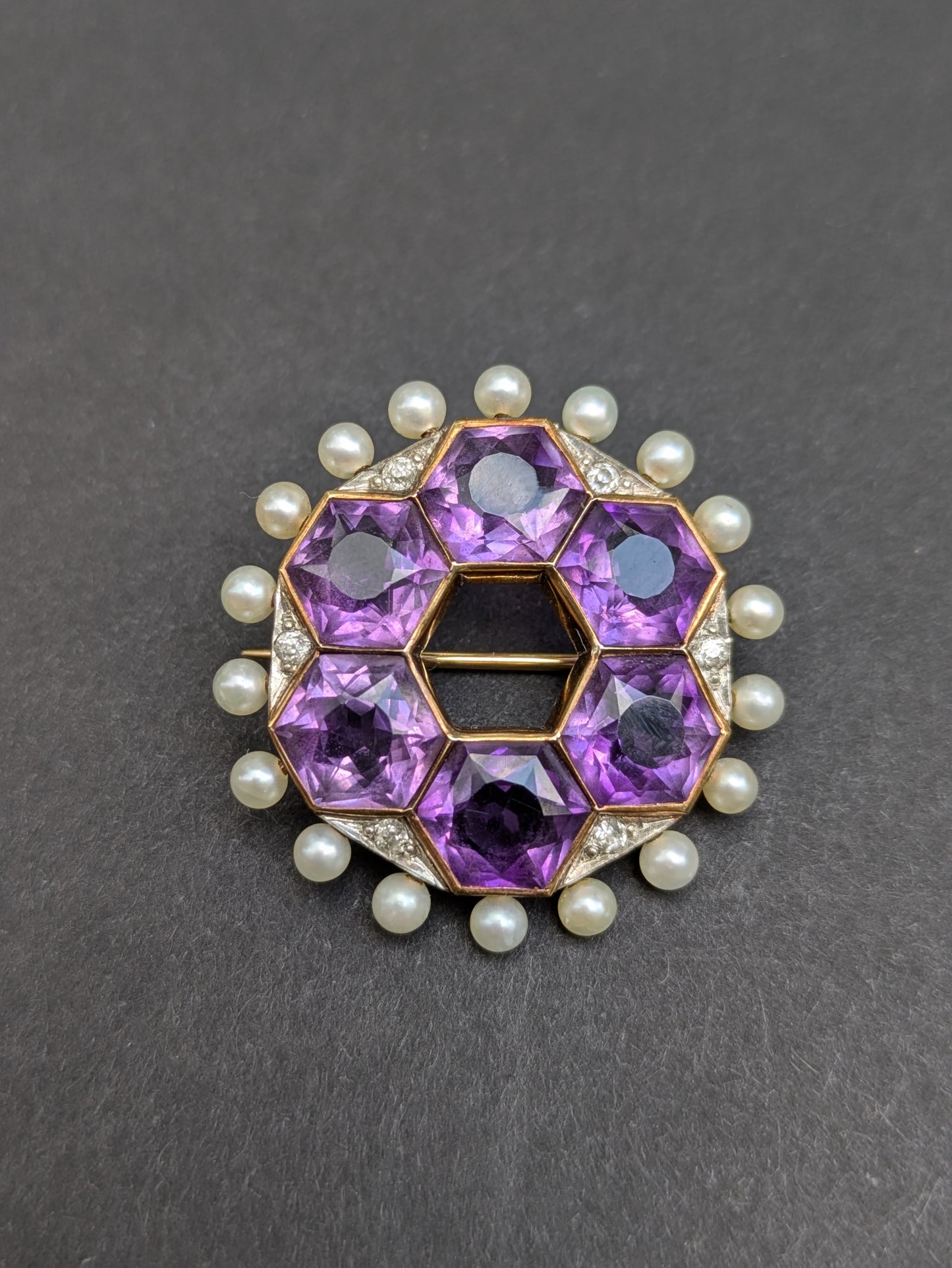 14k Diamond, Pearl, and Amethyst Art Deco Brooch