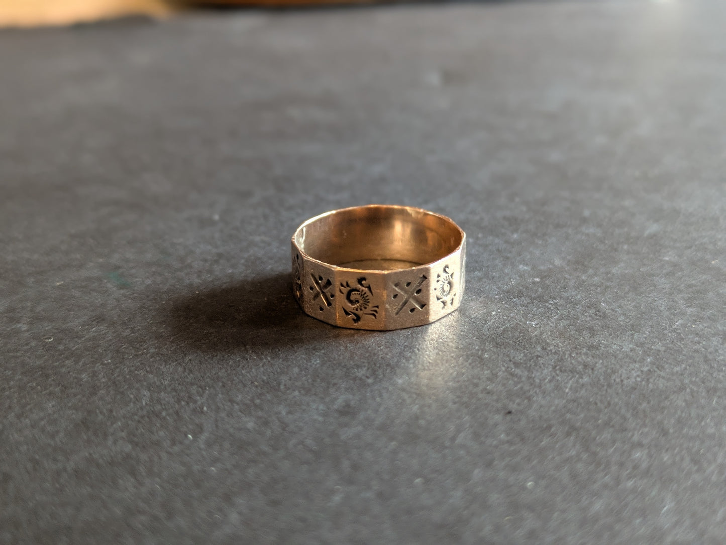10k Rose Gold Cigar Band with Beveled Sides and Hand Engraving