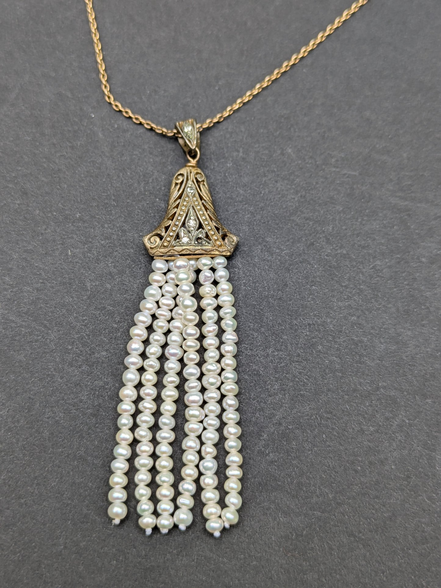 14k Diamond and Pearl Tassel on Long Doubled Chain