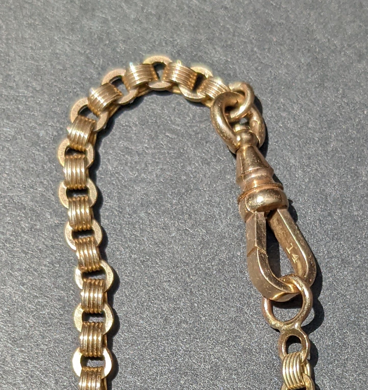 Elaborate 14kt chain necklace with pearl and enamel slide and tassels