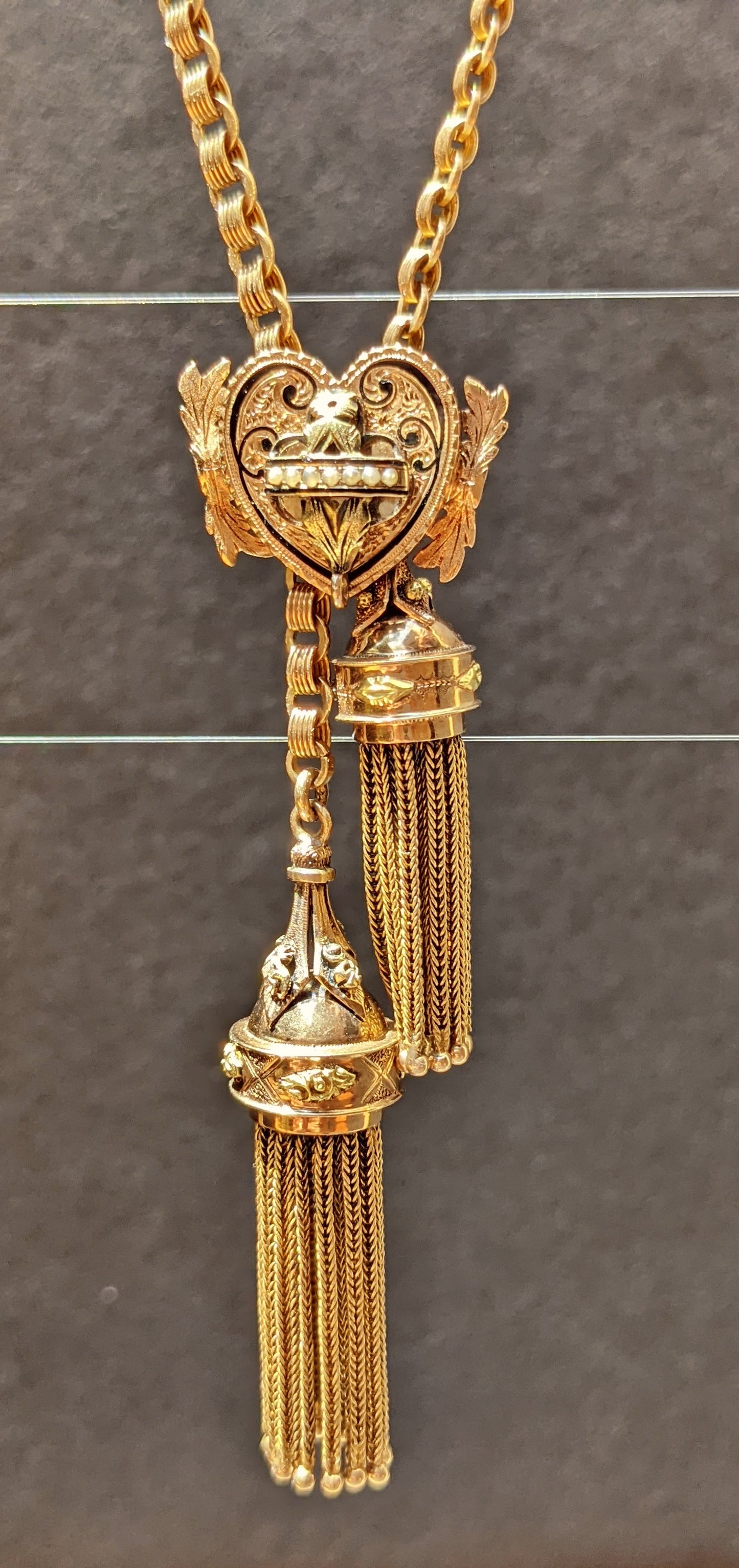 Elaborate 14kt chain necklace with pearl and enamel slide and tassels