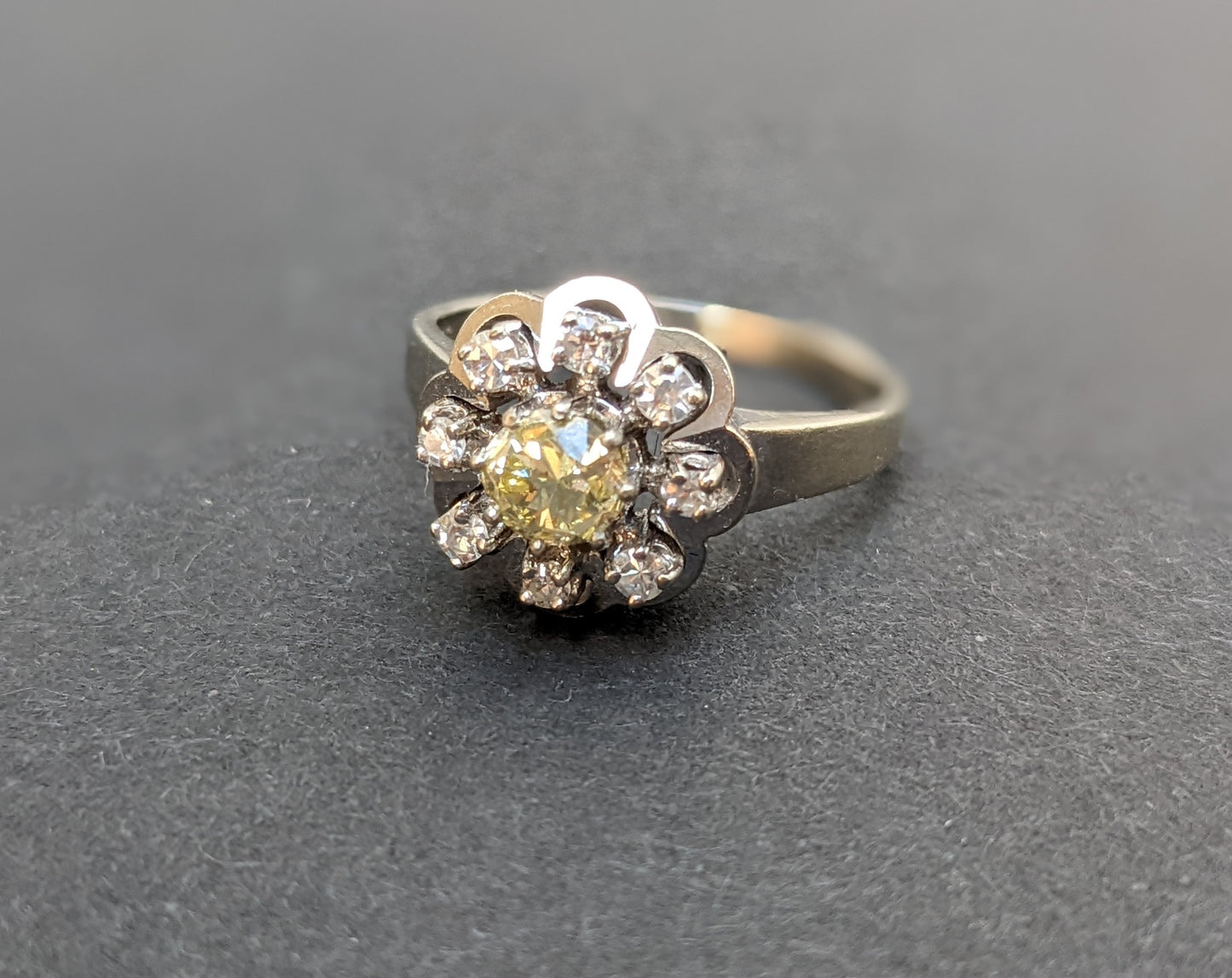 14kt white gold Old European Cut Canary diamond ring with halo