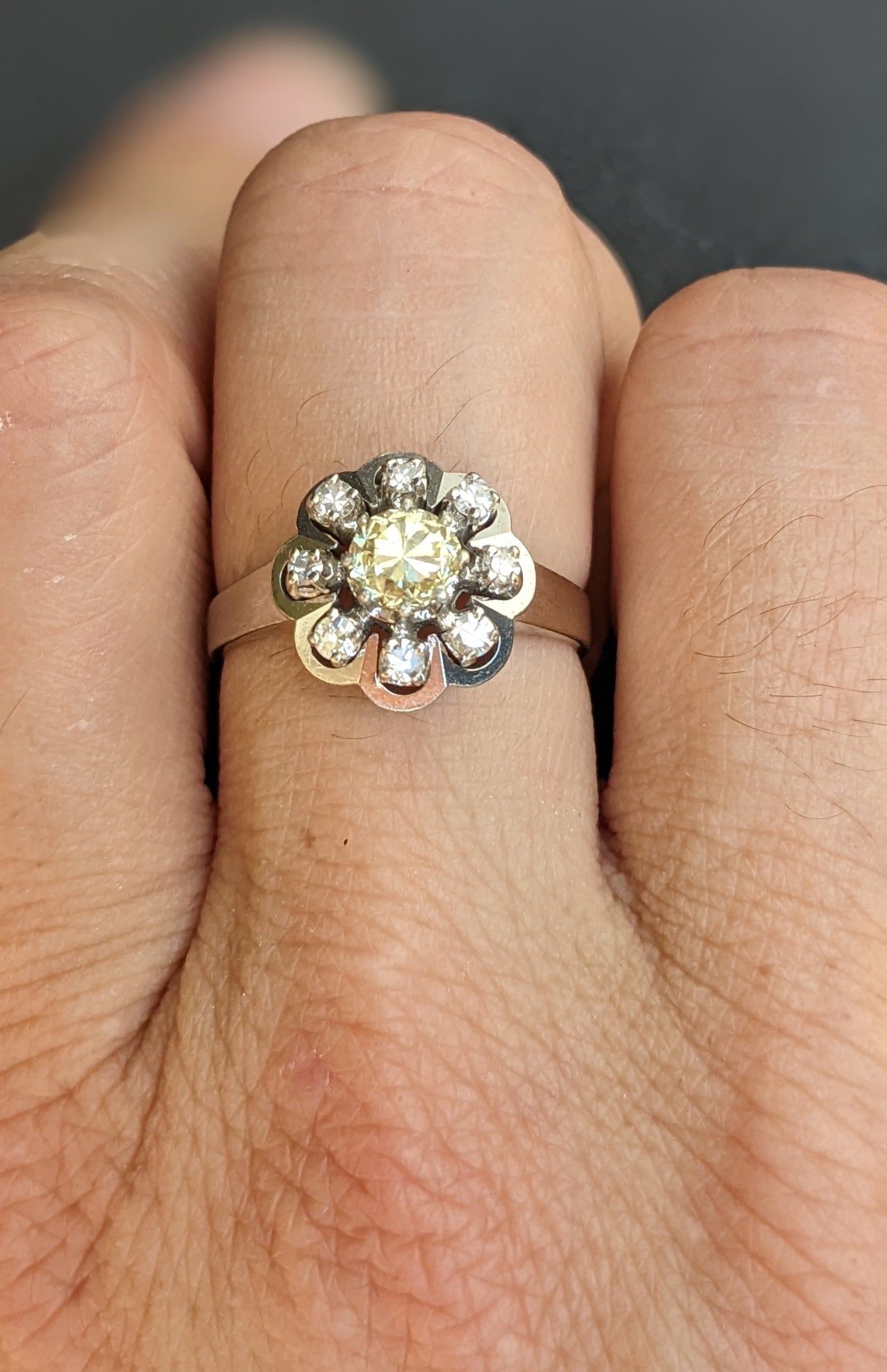 14kt white gold Old European Cut Canary diamond ring with halo