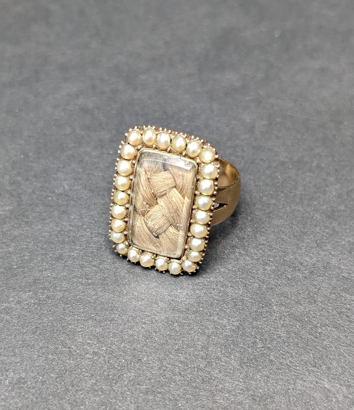 9k English Sentimental ring with woven hair and half pearls 1866