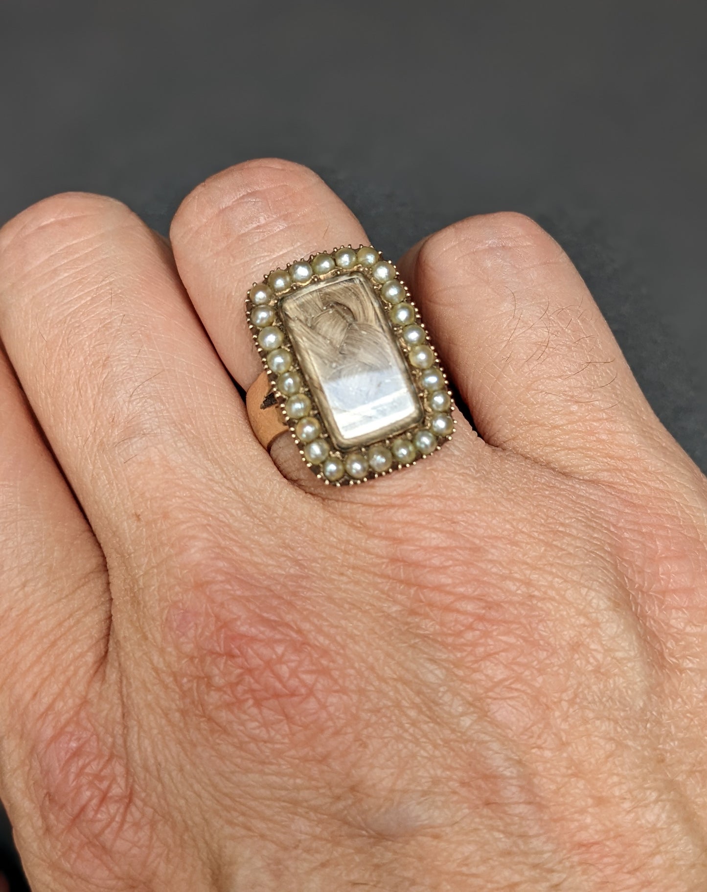 9k English Sentimental ring with woven hair and half pearls 1866