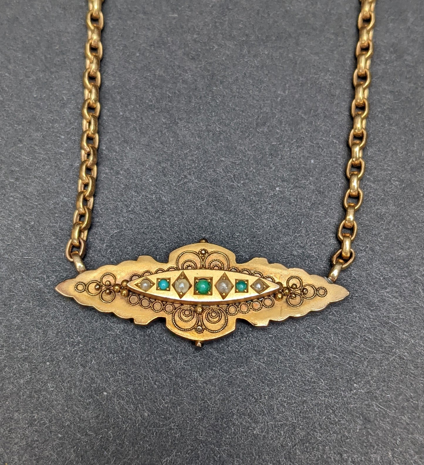9k Victorian Sweetheart Brooch with Seed Pearl and Turquoise Necklace