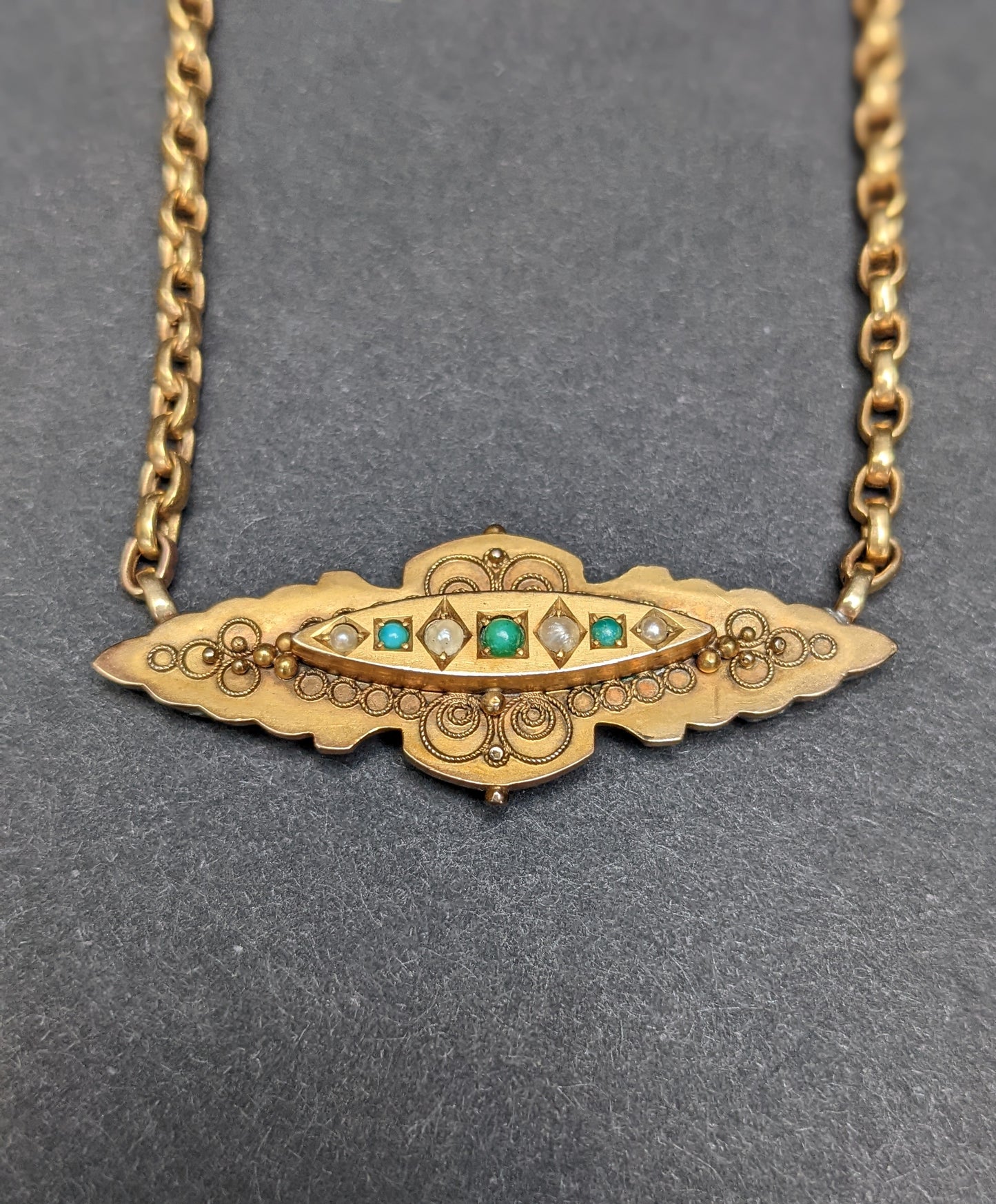 9k Victorian Sweetheart Brooch with Seed Pearl and Turquoise Necklace