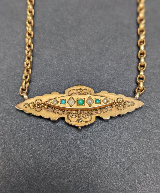 9k Victorian Sweetheart Brooch with Seed Pearl and Turquoise Necklace