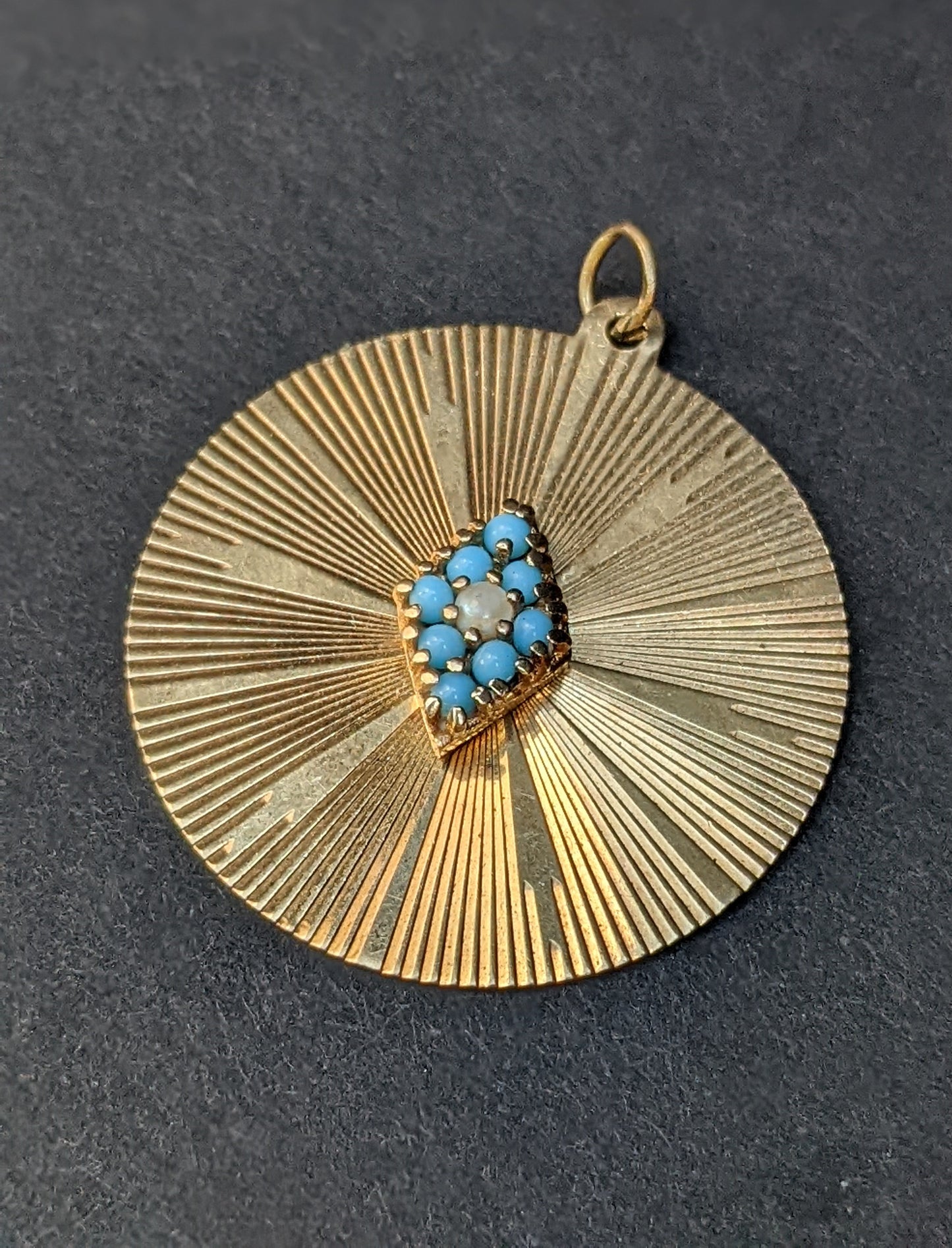 Large 1950's 14k gold disk with turquoise and pearl