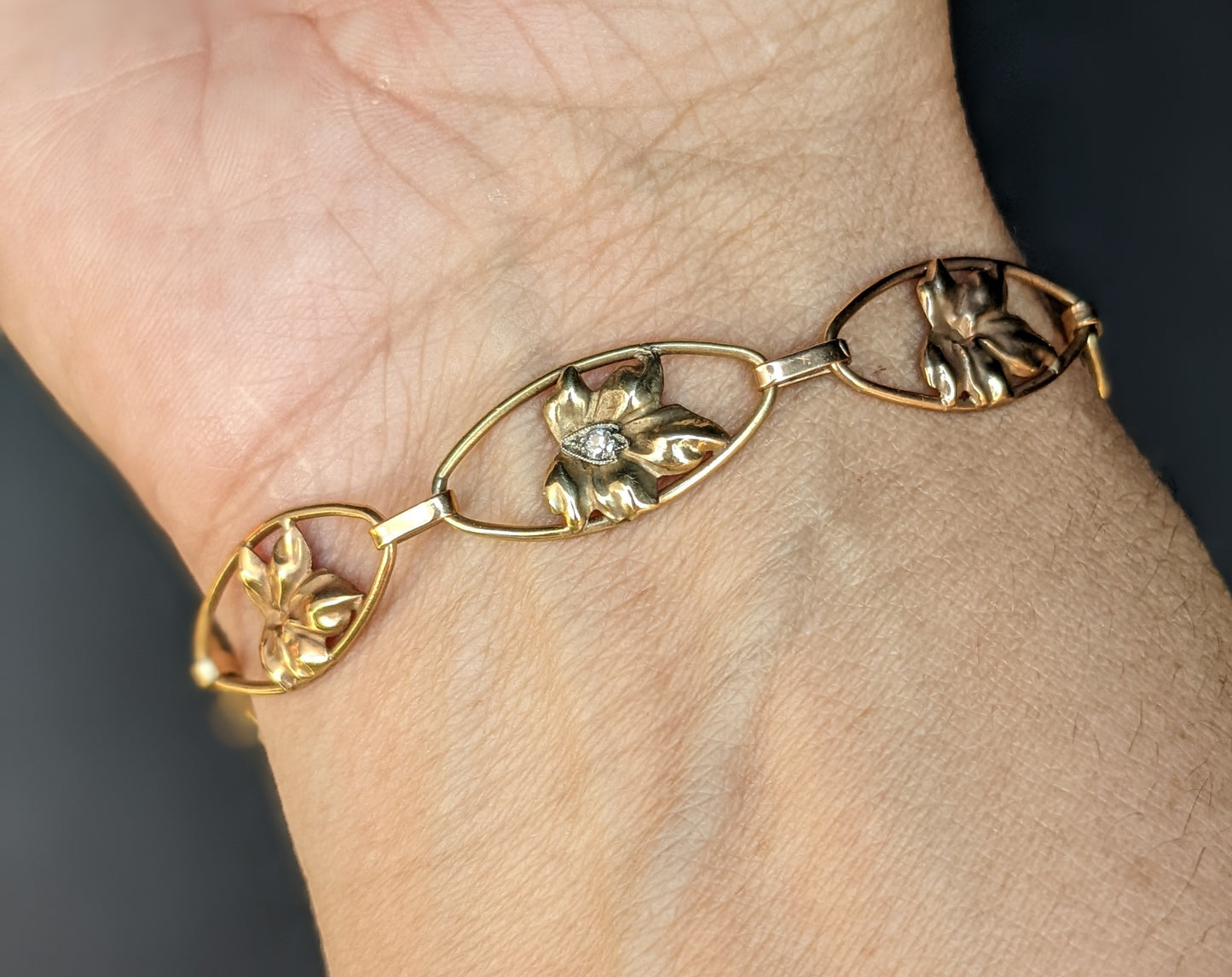 10k 1930's diamond leaf bracelet