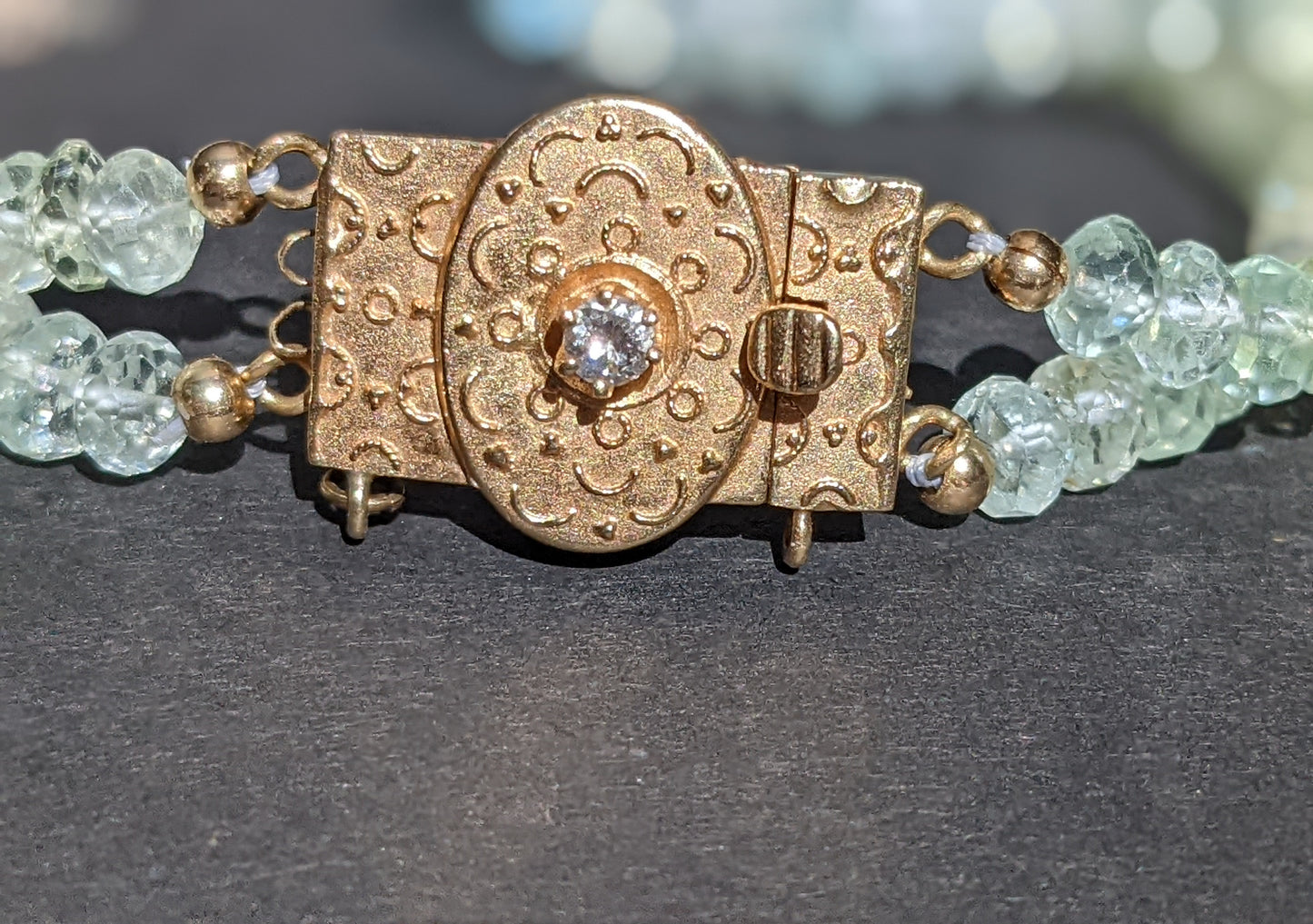 Two row aquamarine bracelet with antique 14kt clasp