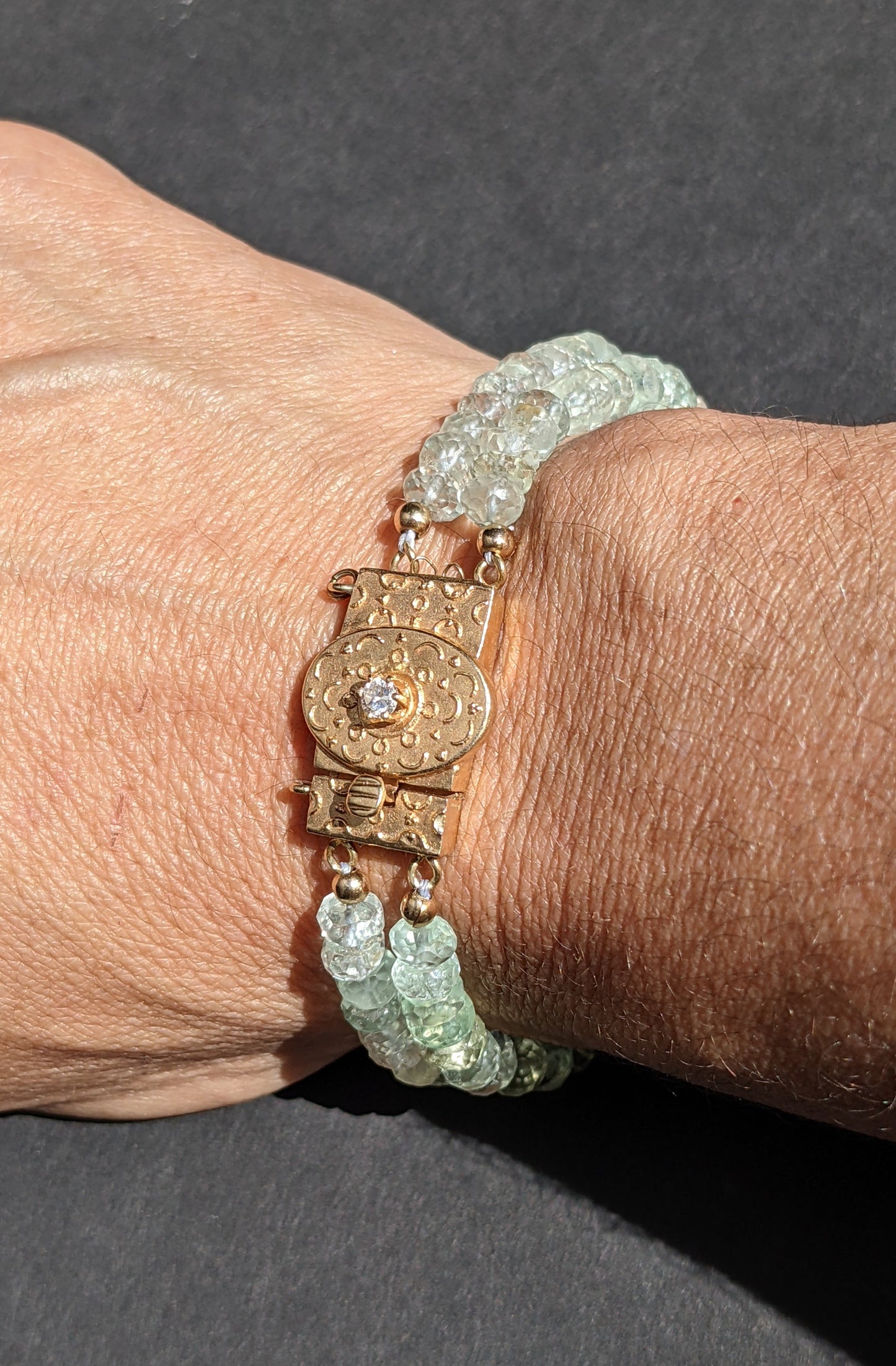 Two row aquamarine bracelet with antique 14kt clasp