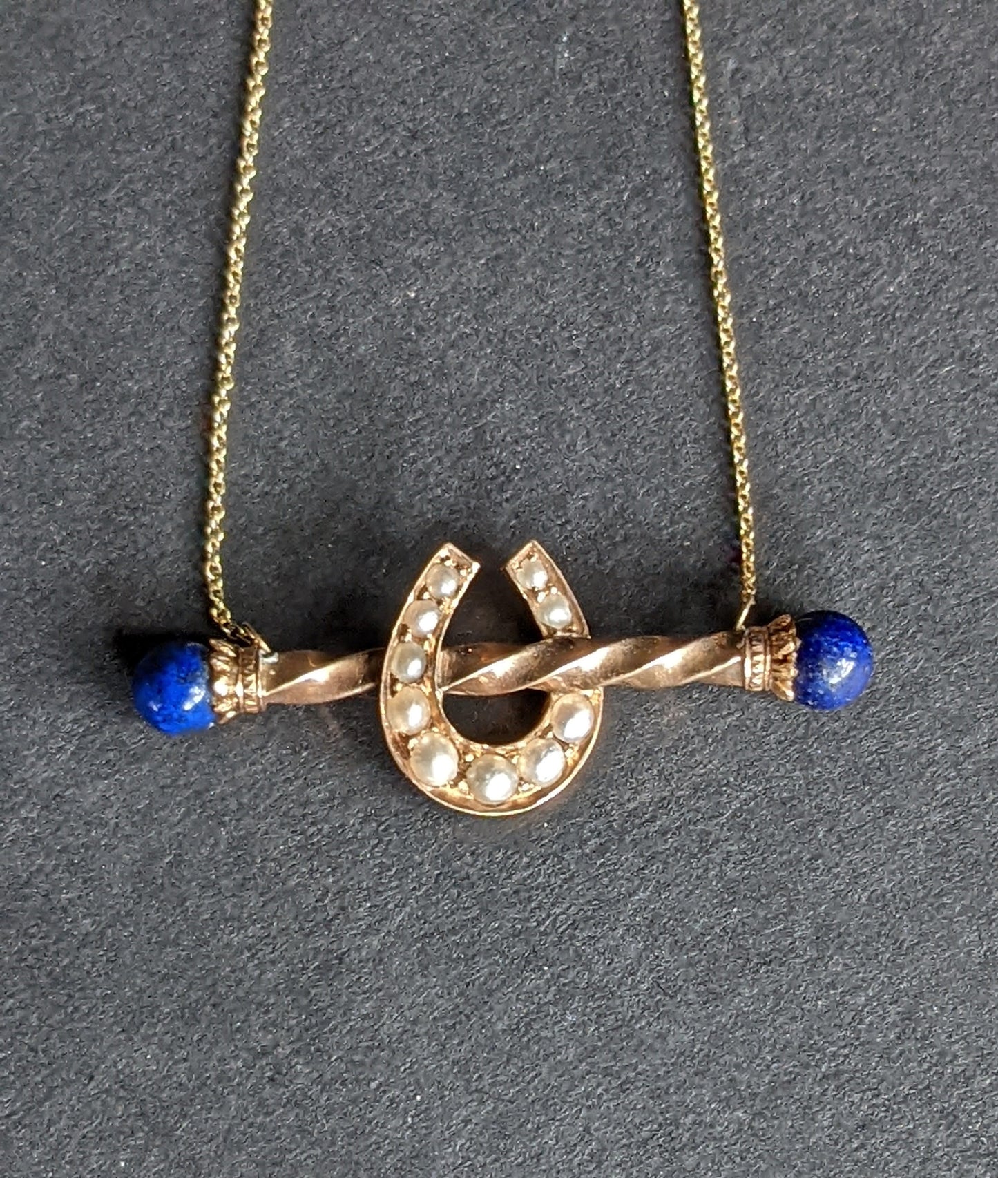 14k lapis and seed pearl horseshoe necklace