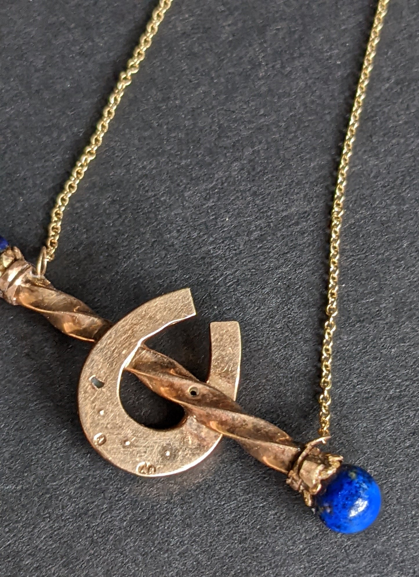 14k lapis and seed pearl horseshoe necklace