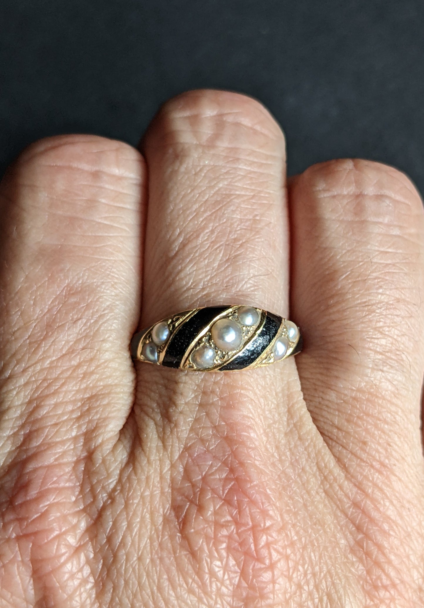 English mourning ring, with black enamel and seed pearl