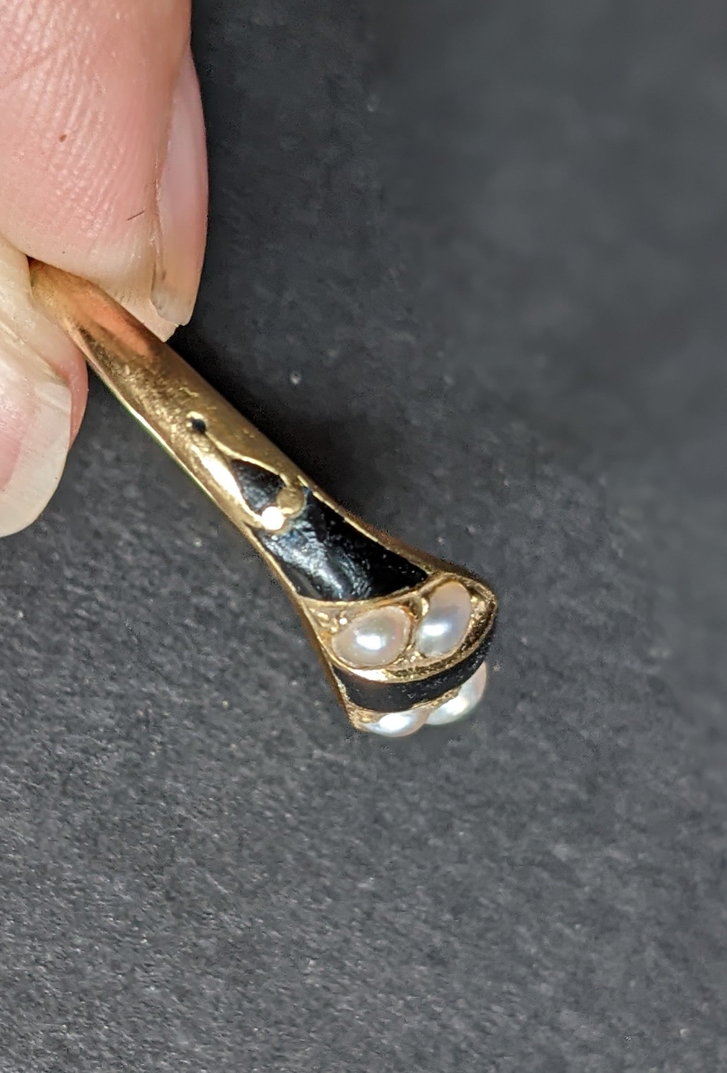 English mourning ring, with black enamel and seed pearl