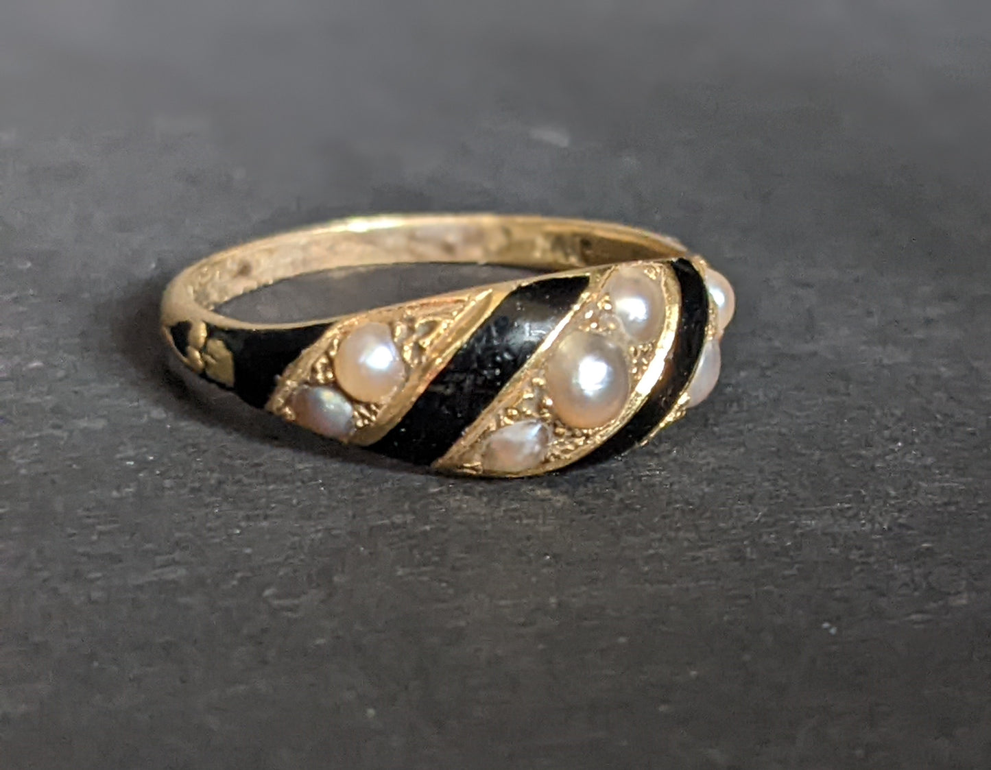 English mourning ring, with black enamel and seed pearl
