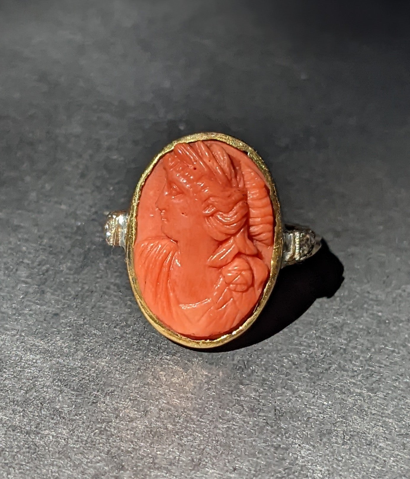 Coral cameo ring with diamond sides