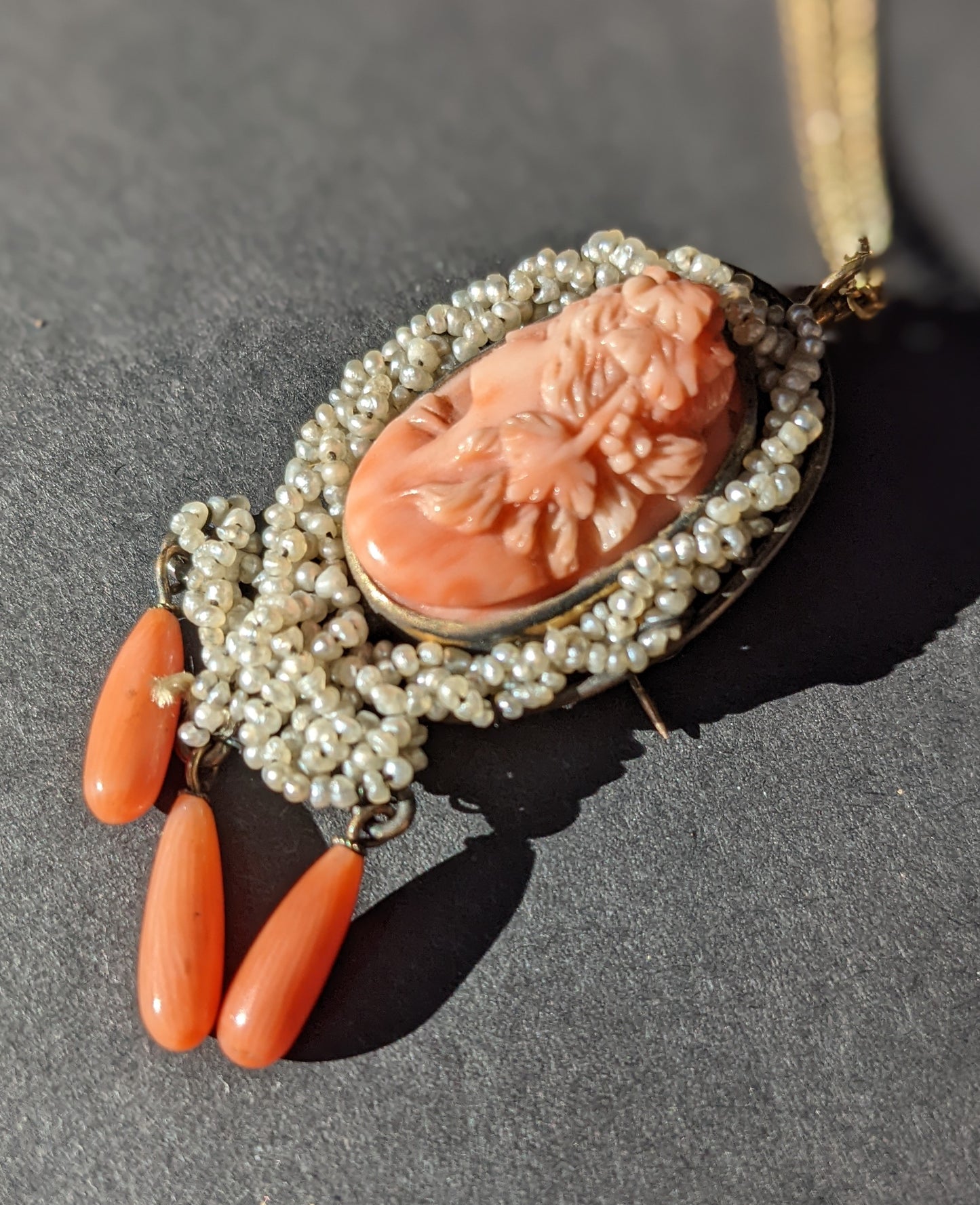 14k high relief coral cameo necklace