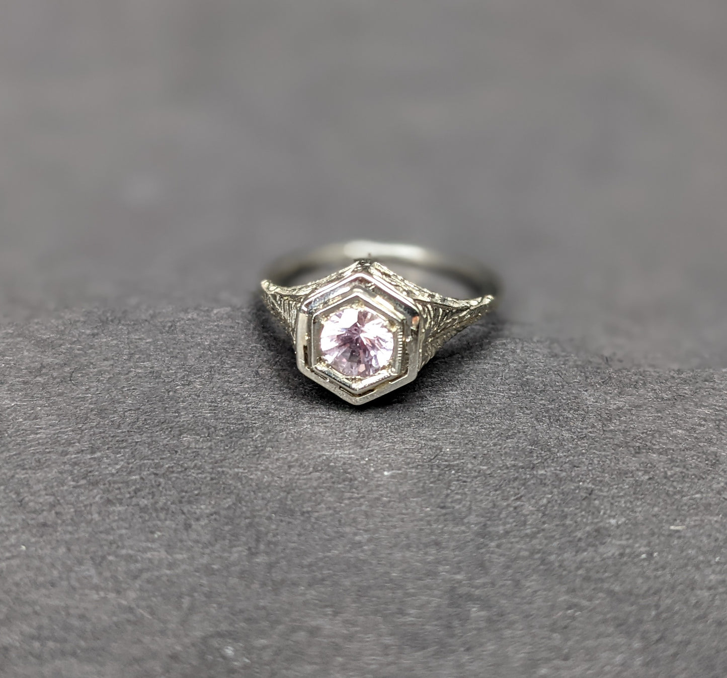 Art Deco engraved Padparadscha sapphire ring