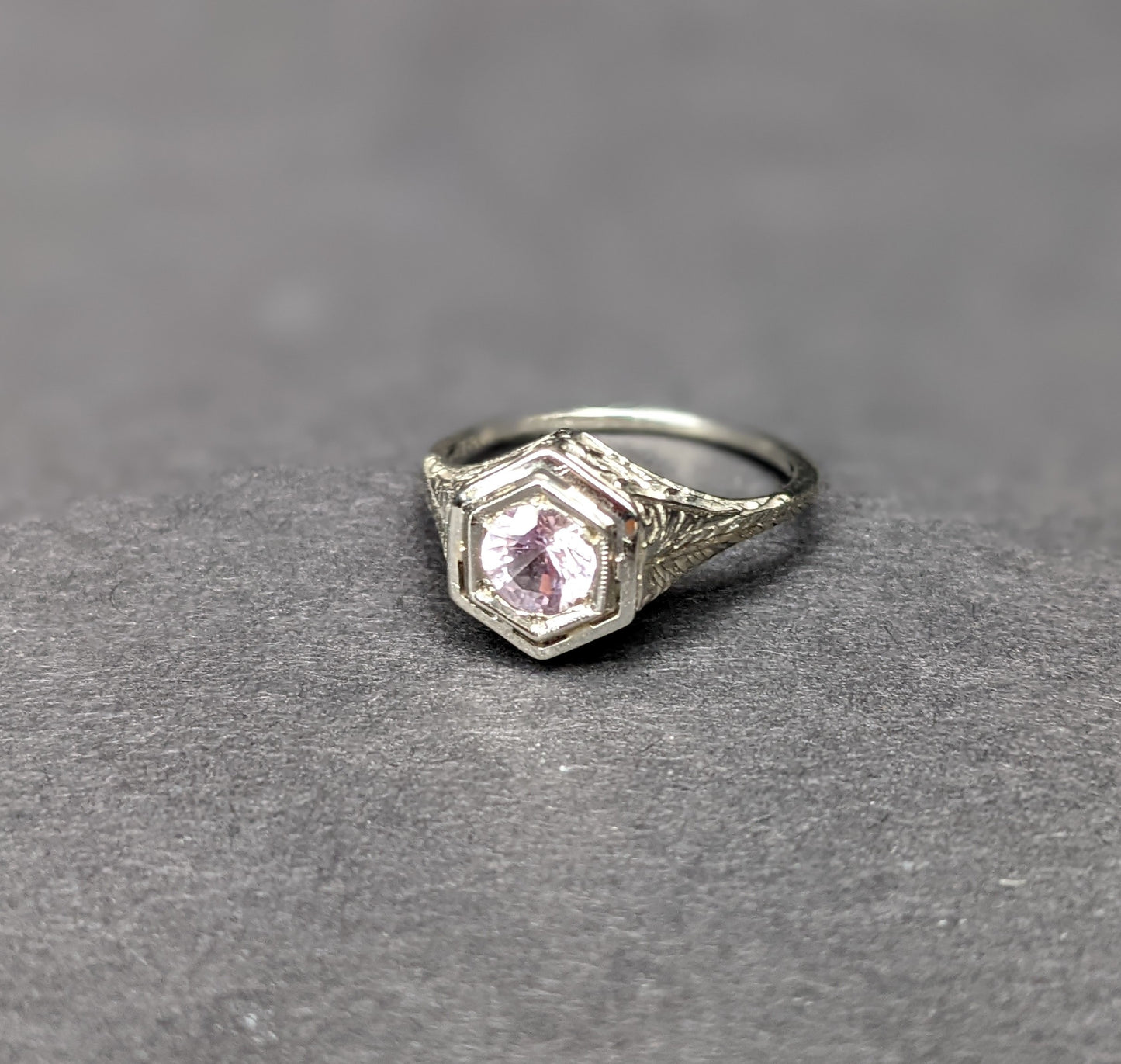 Art Deco engraved Padparadscha sapphire ring