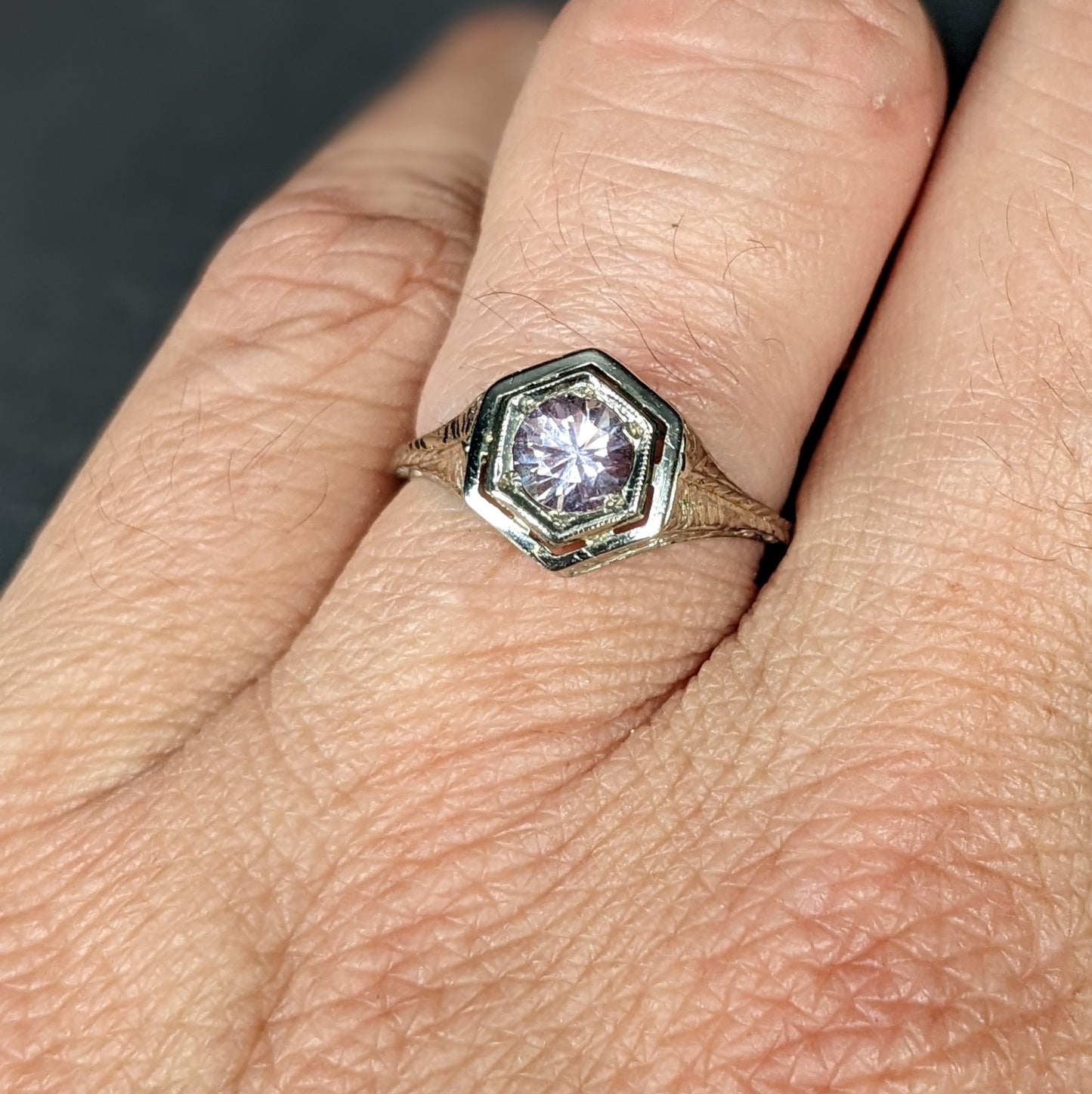 Art Deco engraved Padparadscha sapphire ring