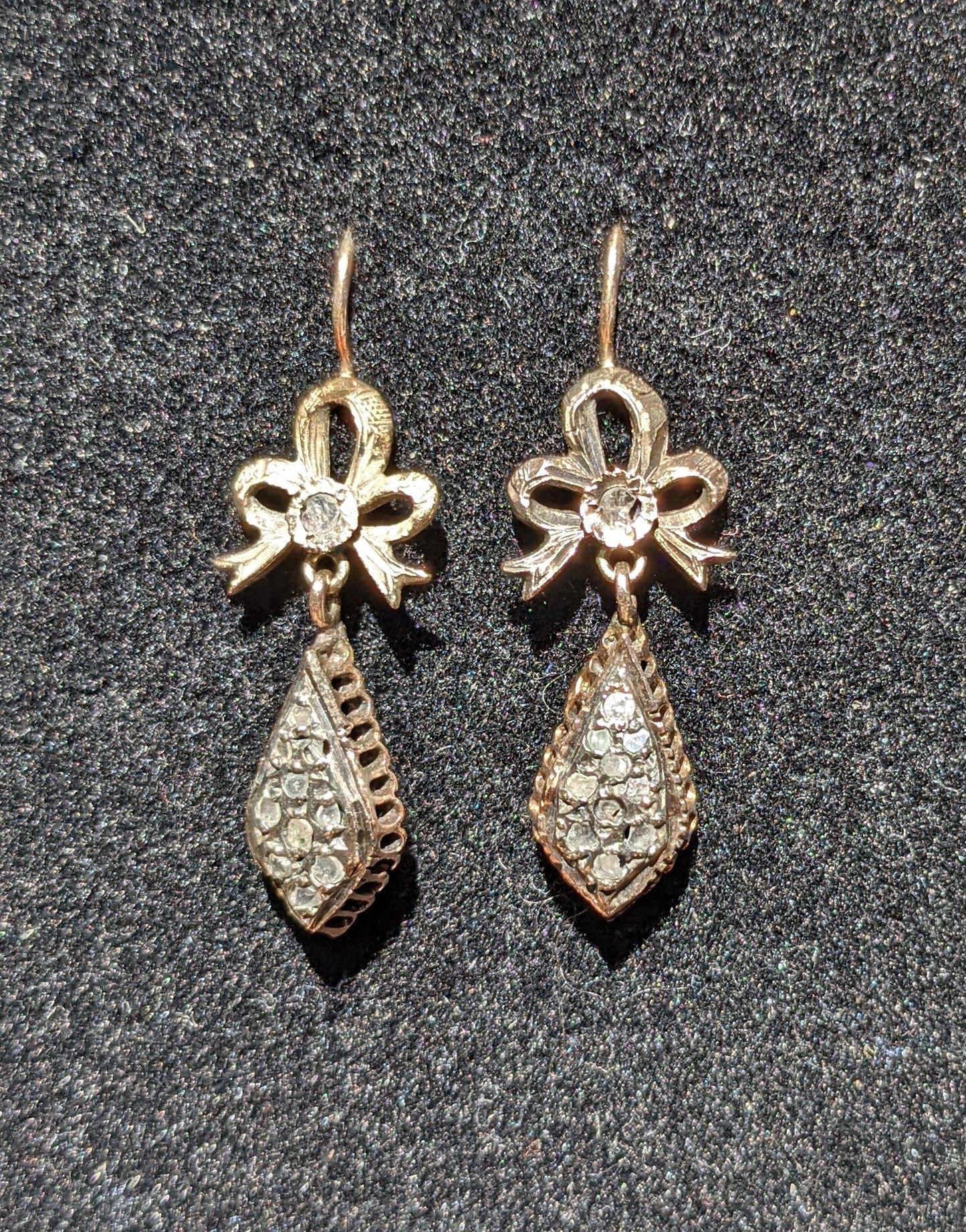 German 14kt and silver drop earrings with mine cut diamonds and bow