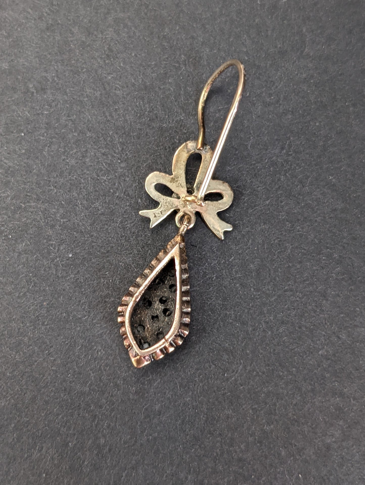 German 14kt and silver drop earrings with mine cut diamonds and bow