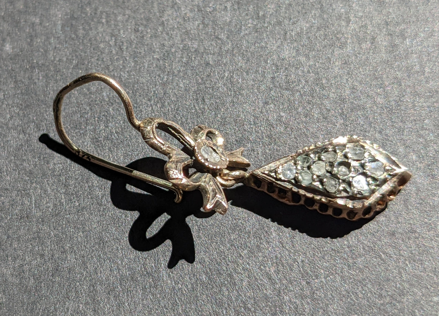 German 14kt and silver drop earrings with mine cut diamonds and bow