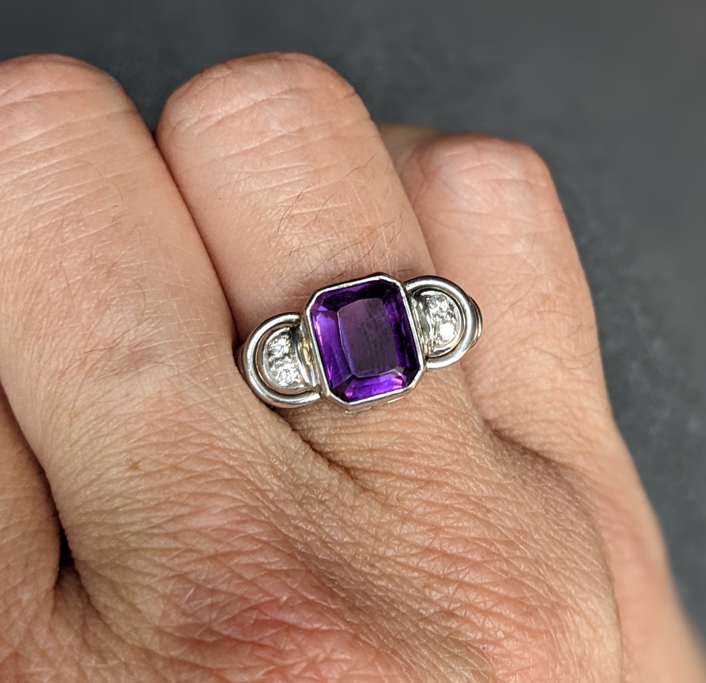 14kt White gold amethyst and diamonds 3 stone ring Art Deco German