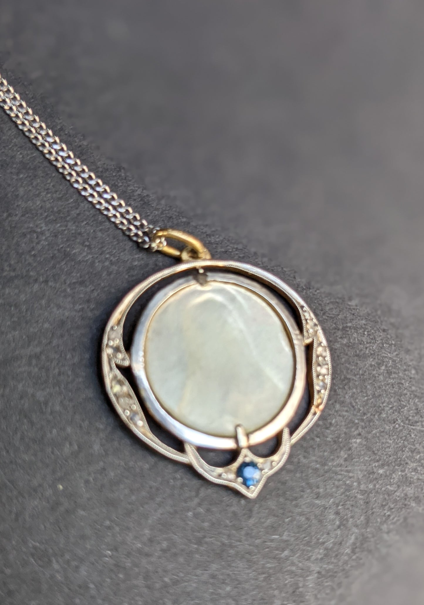 Art Nouveau French platinum , diamond and sapphire Virgin Mary mother of pearl