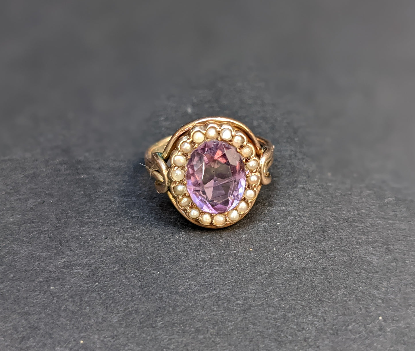 Victorian amethyst half pearl ring set in rose gold