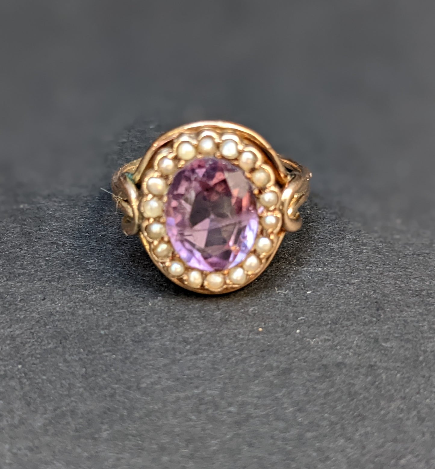 Victorian amethyst half pearl ring set in rose gold