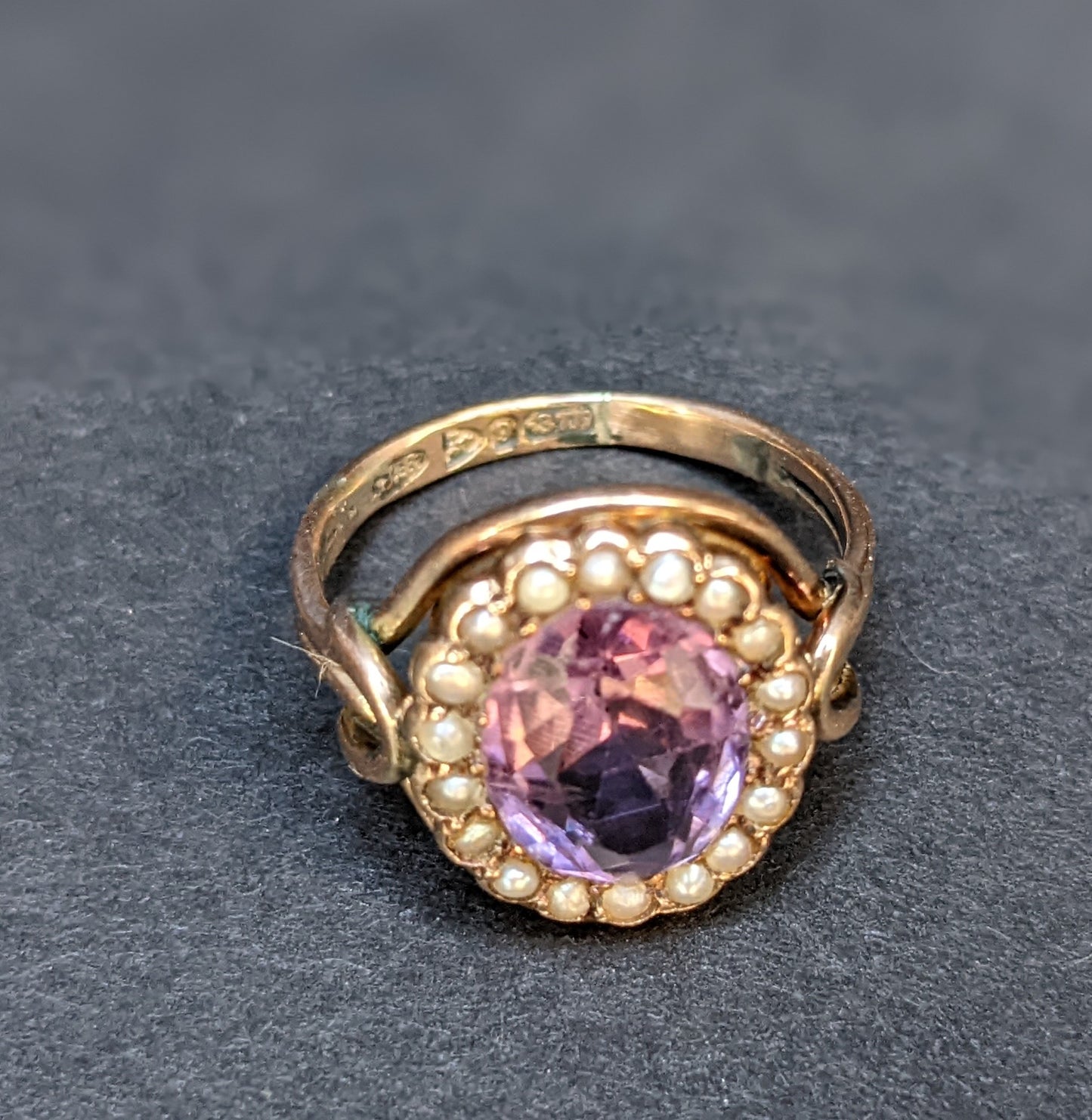 Victorian amethyst half pearl ring set in rose gold