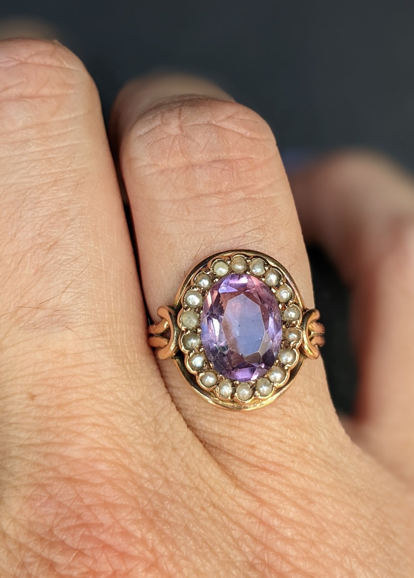 Victorian amethyst half pearl ring set in rose gold