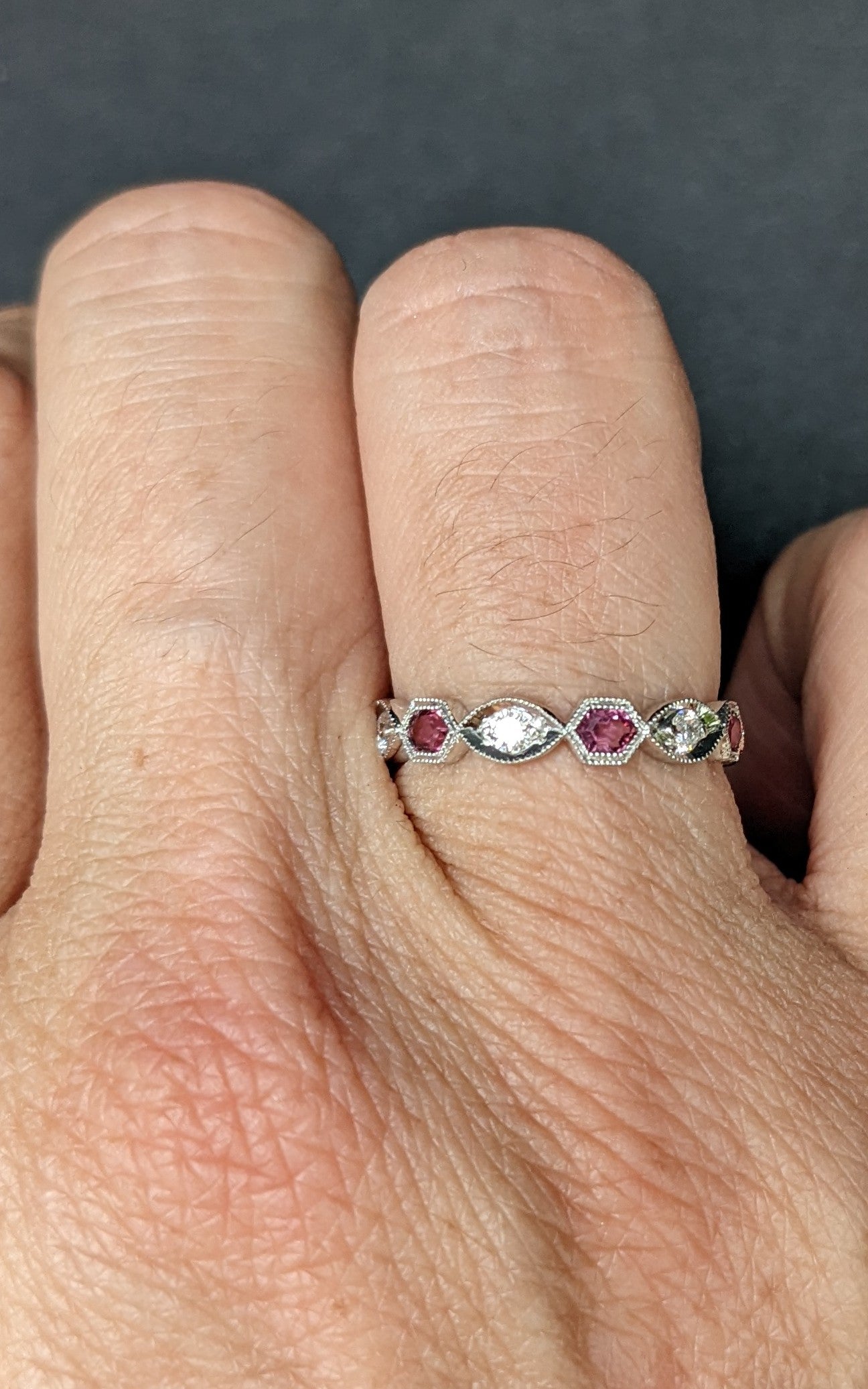 Modern 18k white gold eternity band with pink sapphire and diamond (2)