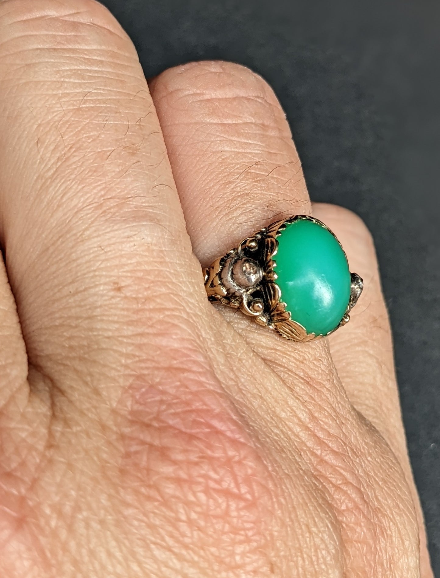 German 14kt silver diamond and Chrysoprase Circa 1840's