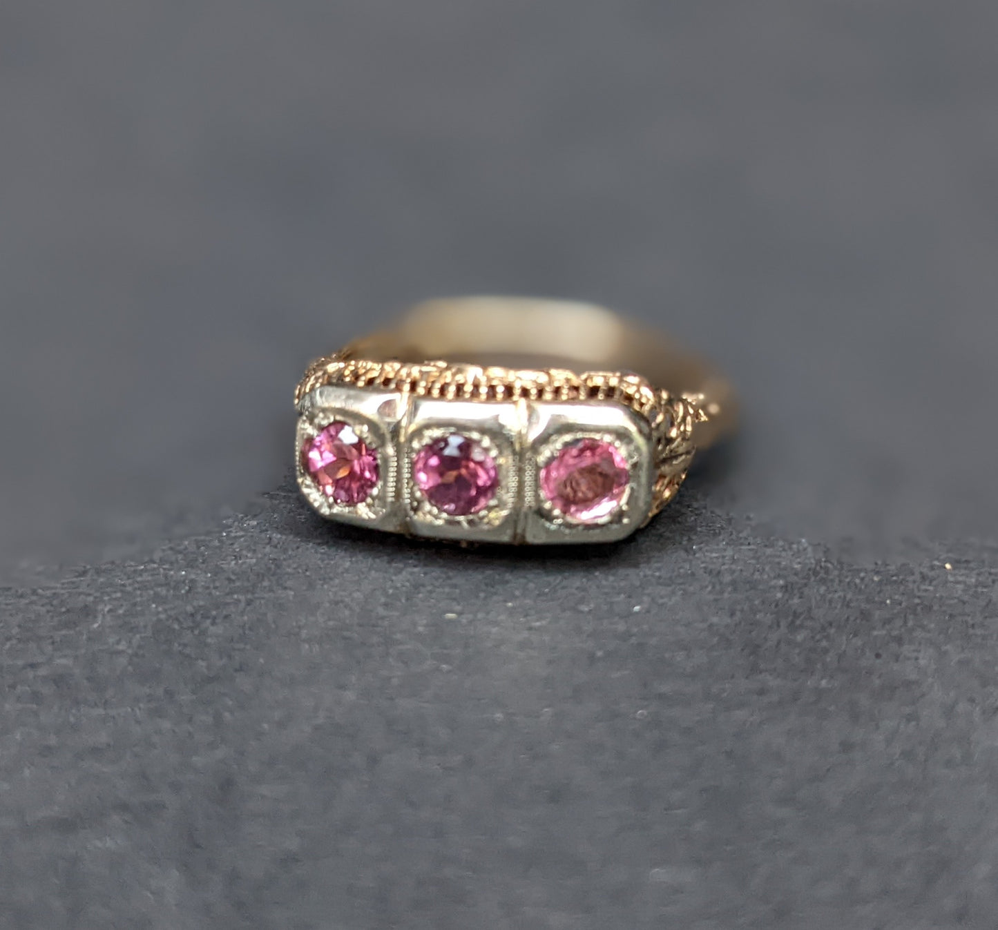 14kt three stone white and yellow filigree ring set with pink tourmalines early 1900's