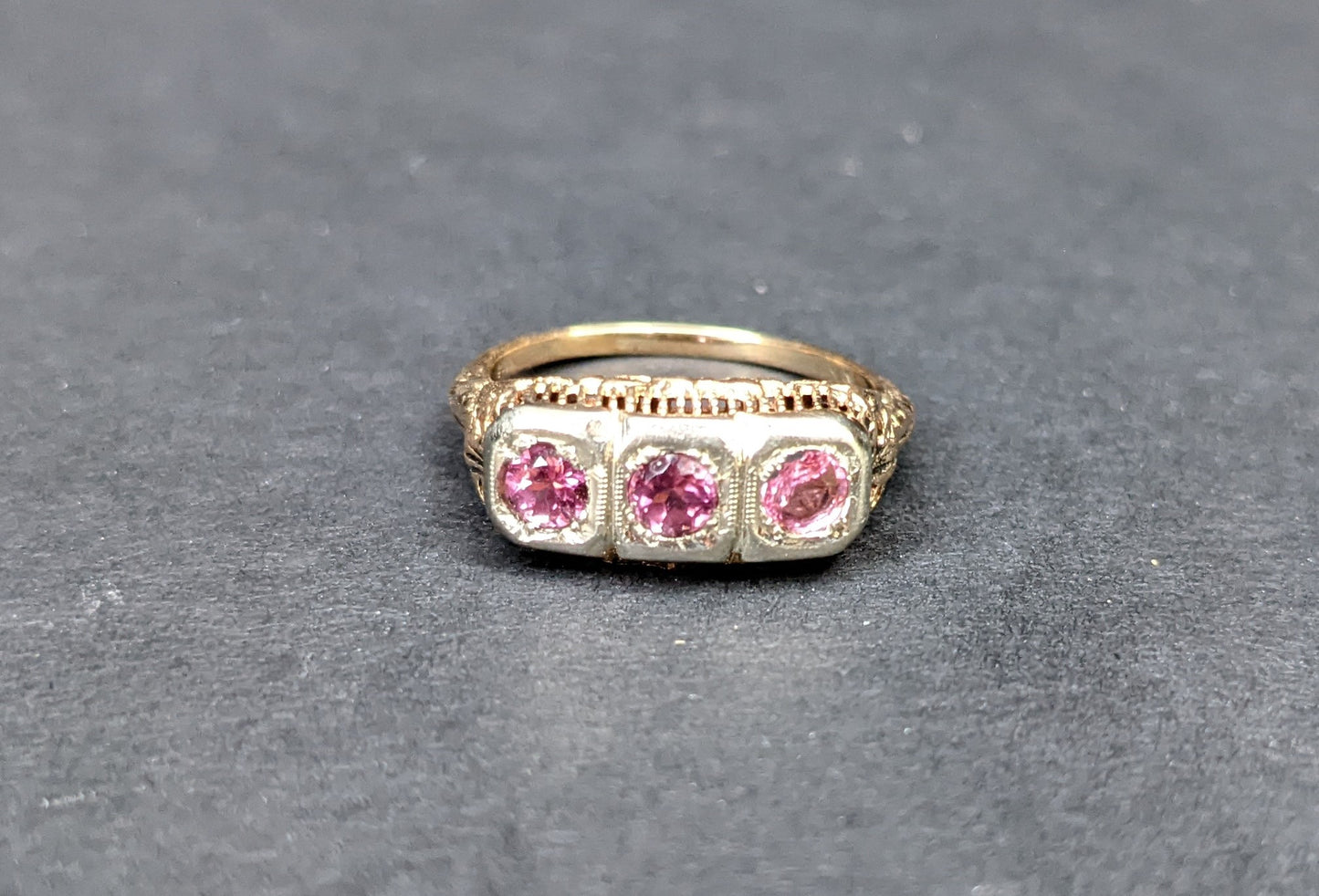 14kt three stone white and yellow filigree ring set with pink tourmalines early 1900's